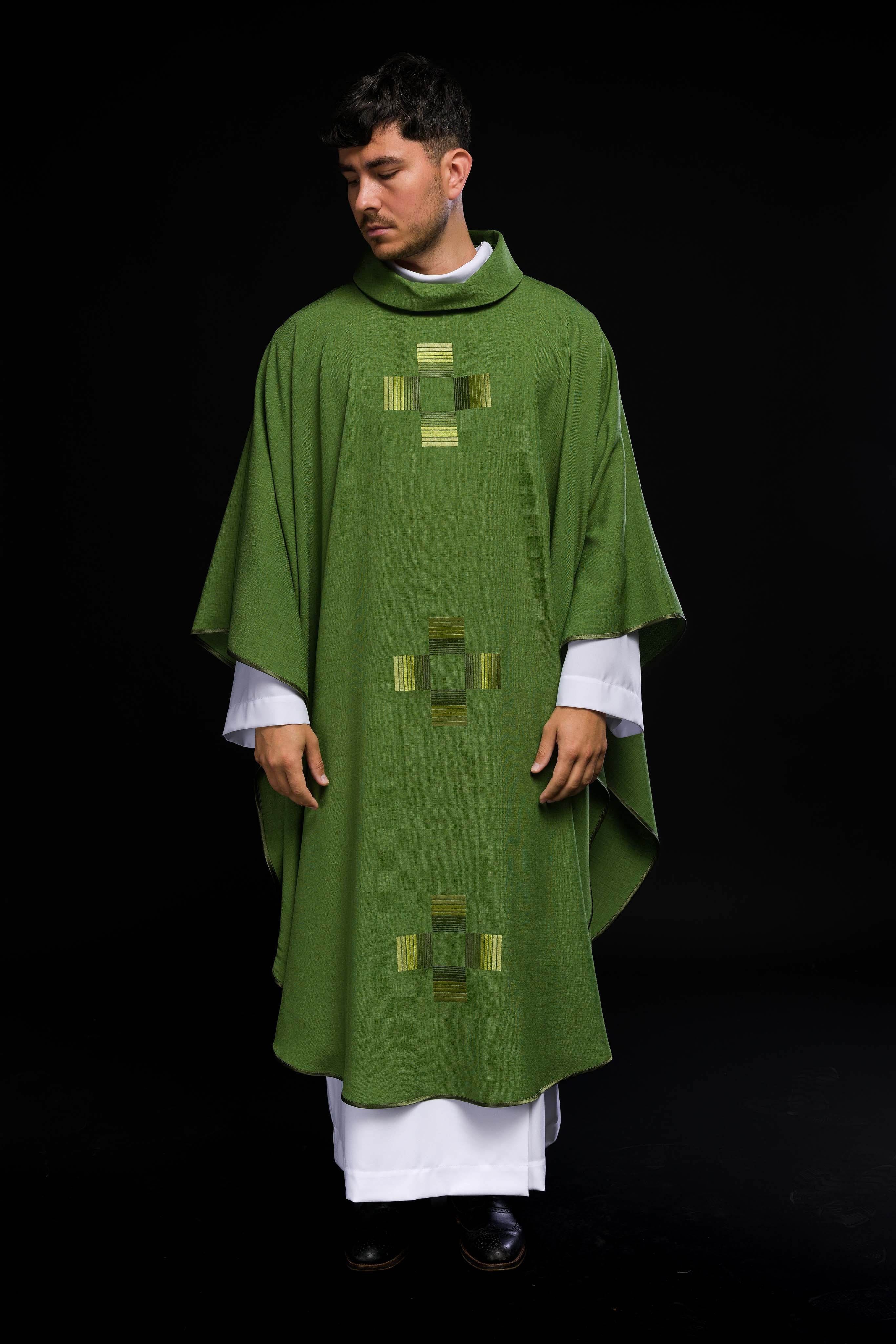 Green chasuble with embroidered crosses