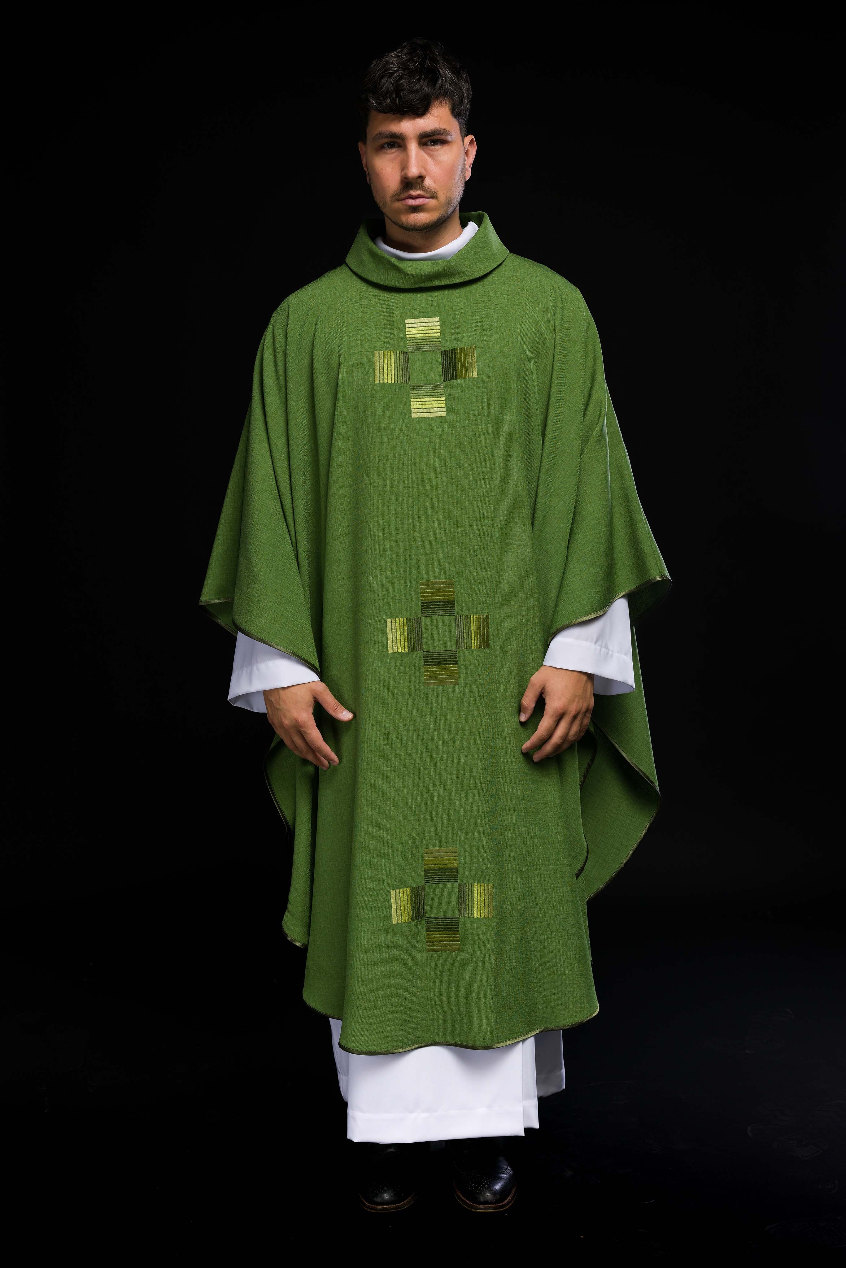Green chasuble with embroidered crosses