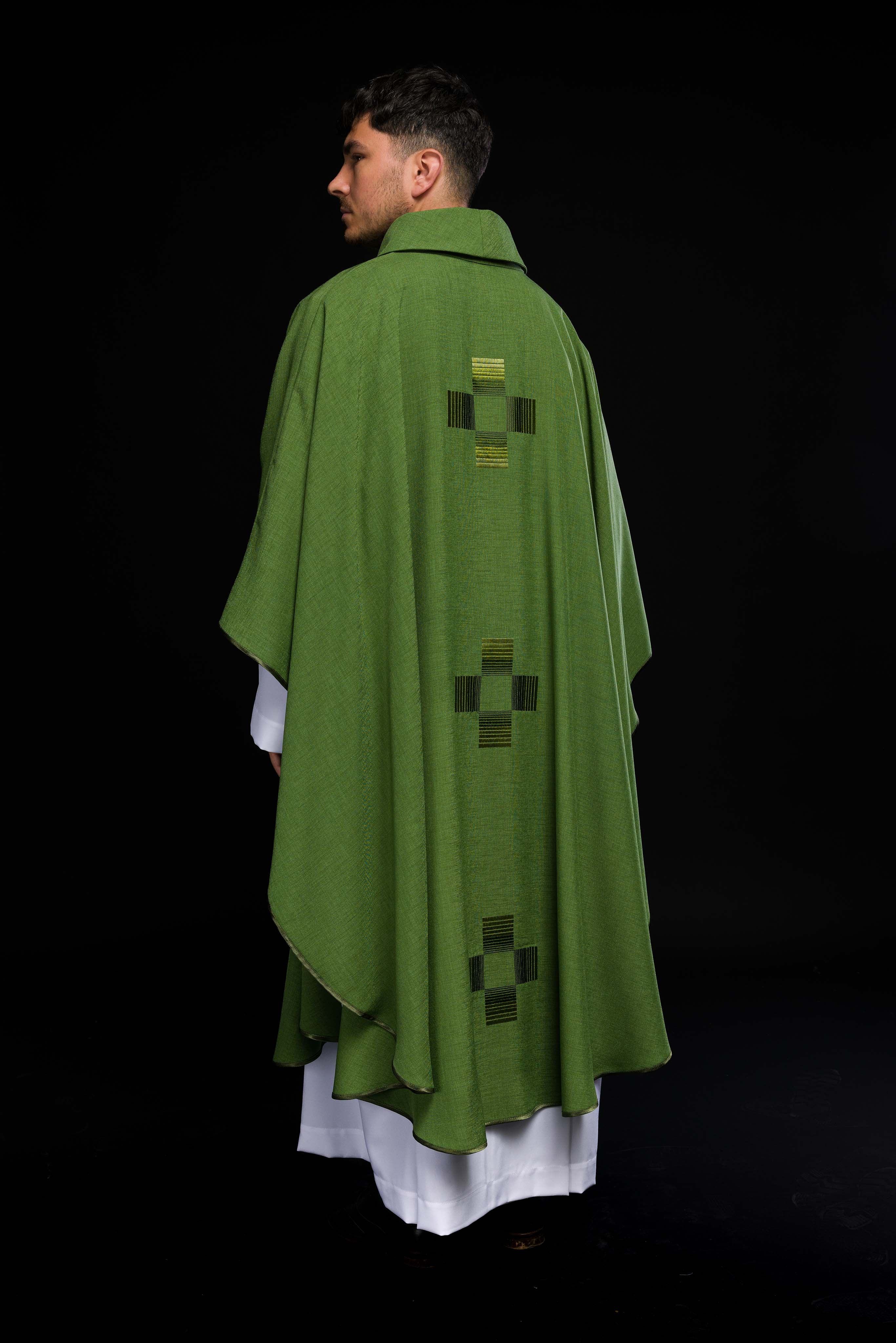 Green chasuble with embroidered crosses