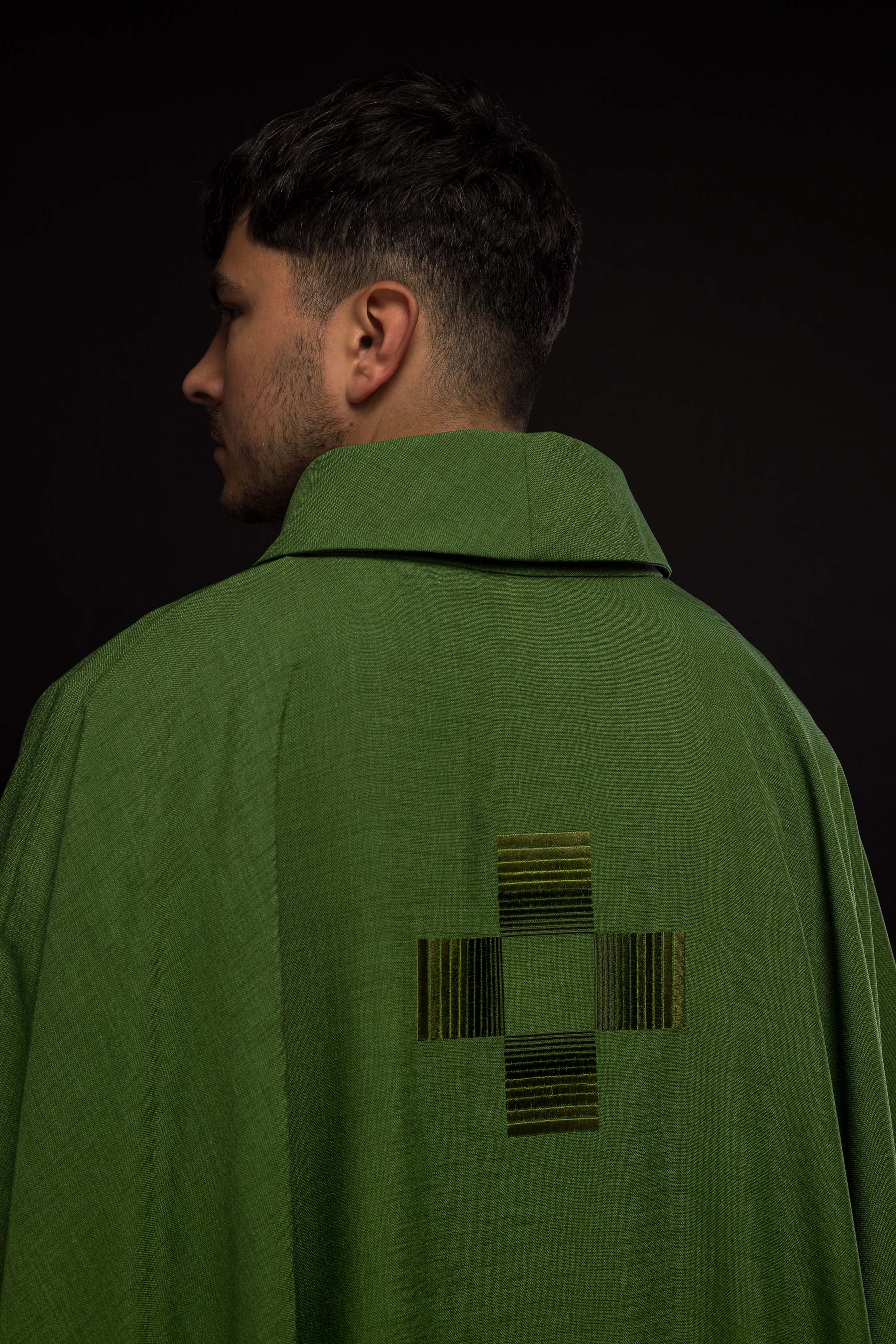 Green chasuble with embroidered crosses