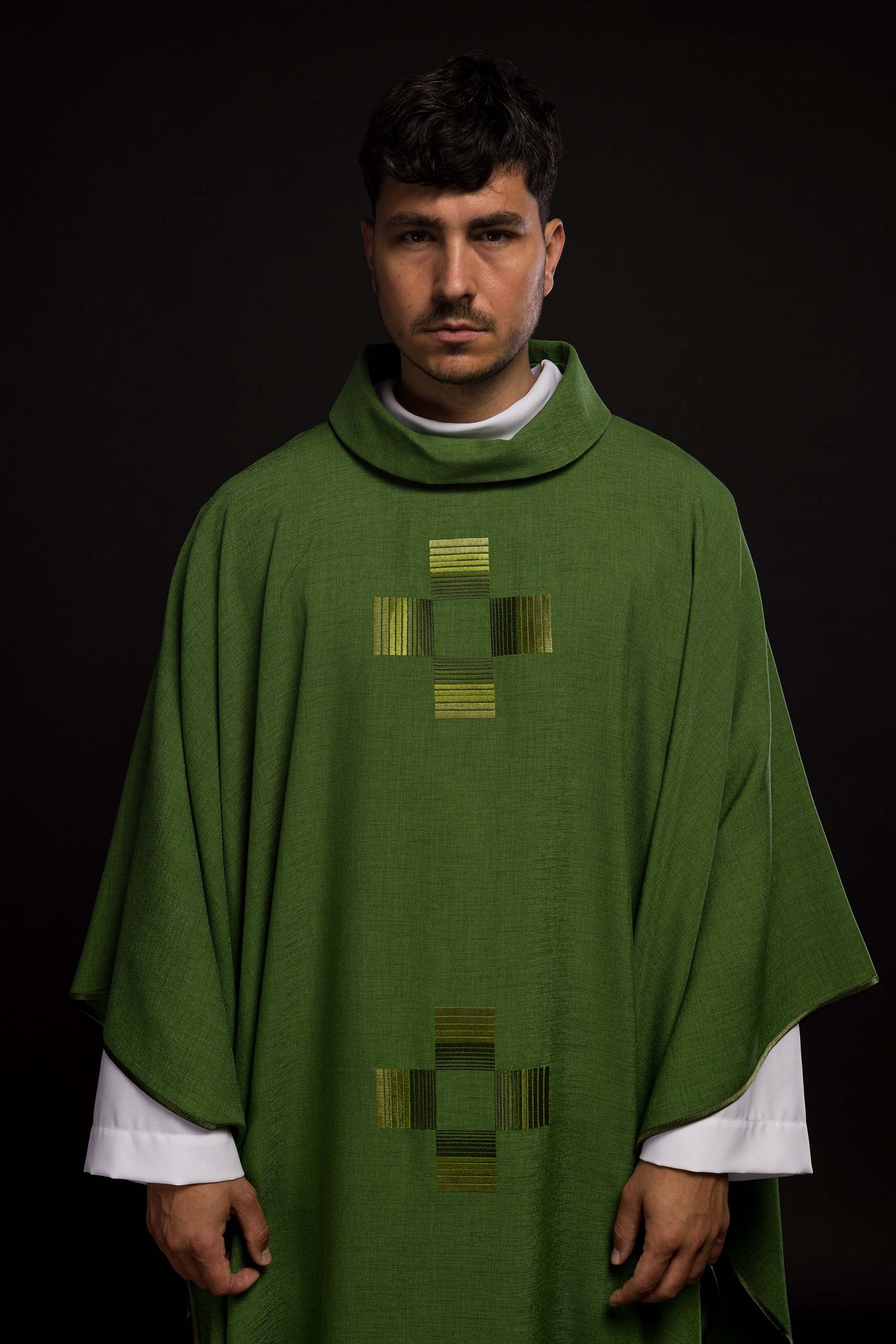 Green chasuble with embroidered crosses