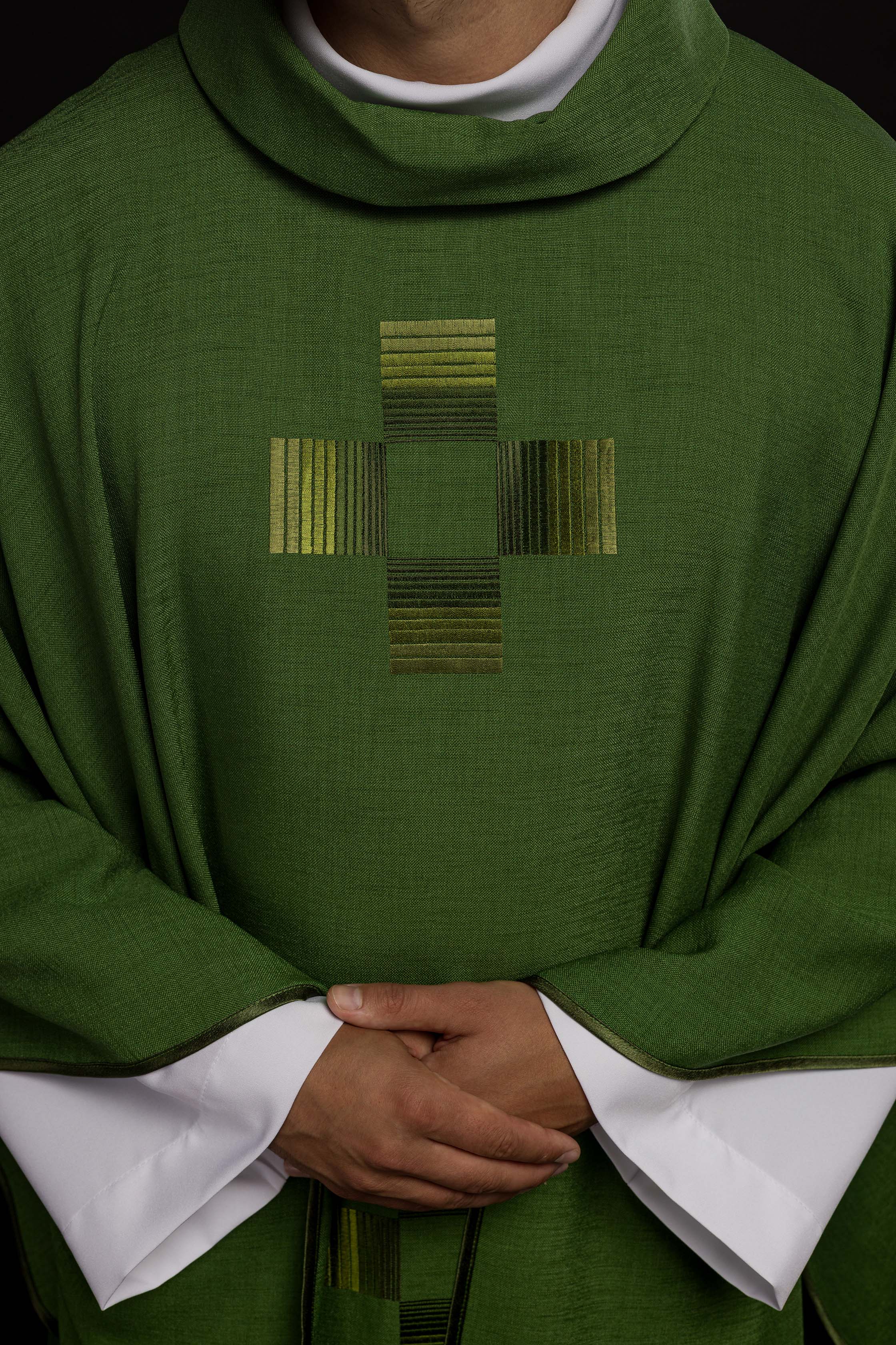 Green chasuble with embroidered crosses