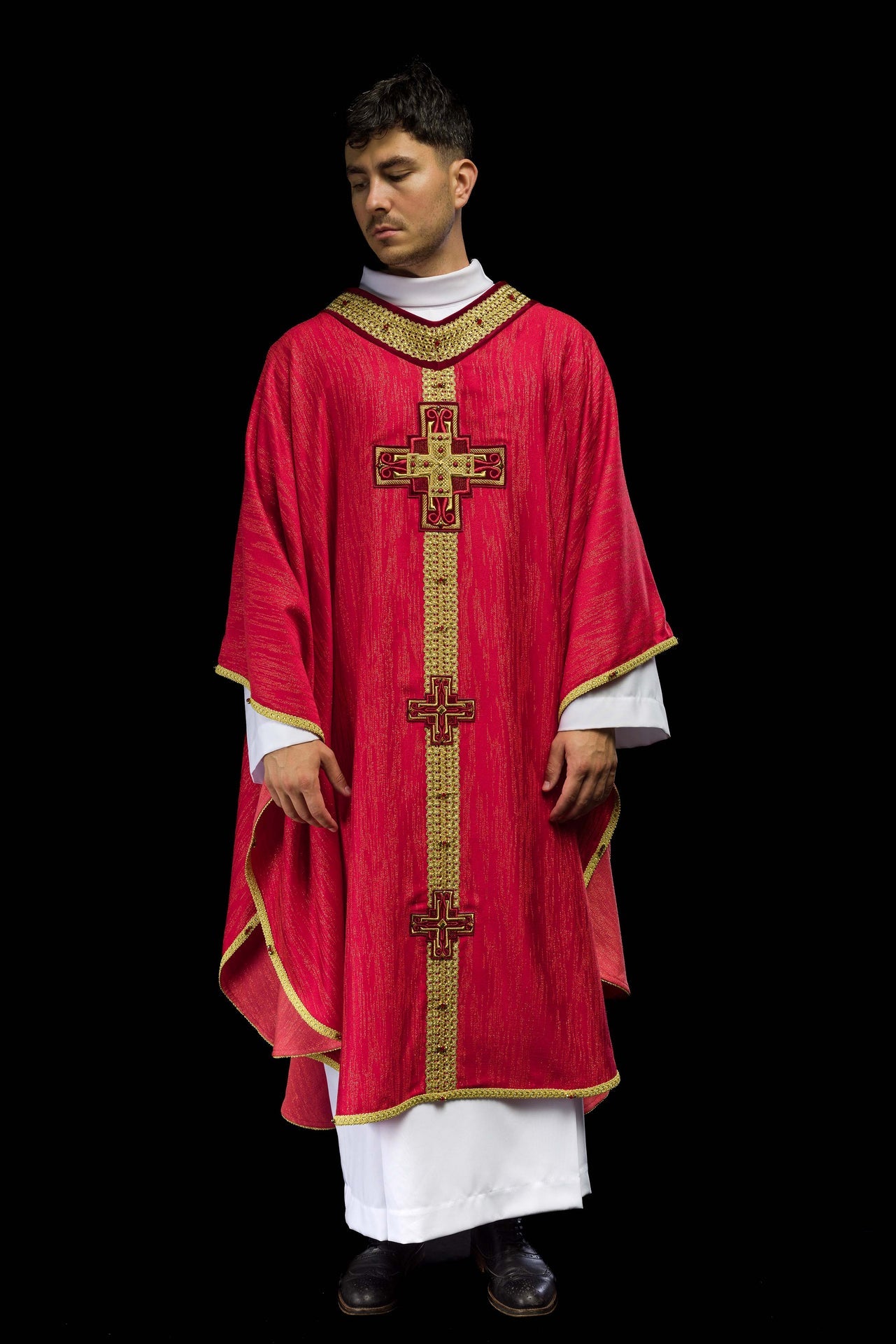 Ręcznie wykonany ornat z naturalnymi kamieniami Handmade 7015 Czerwony - ORNATY.PL