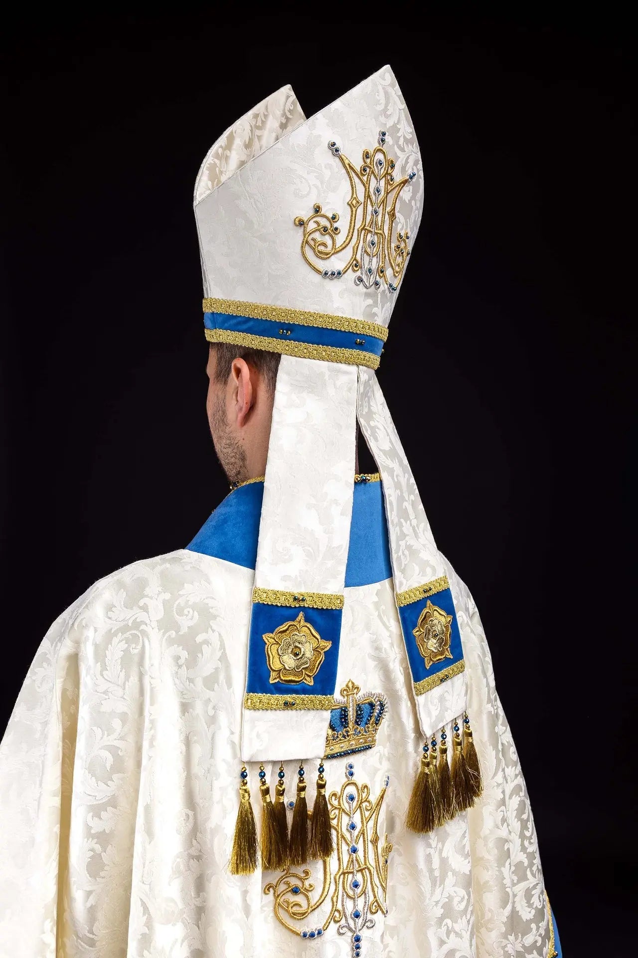 Handmade Marian Bishop’s Mitre in Ecru and Blue with Natural Stones