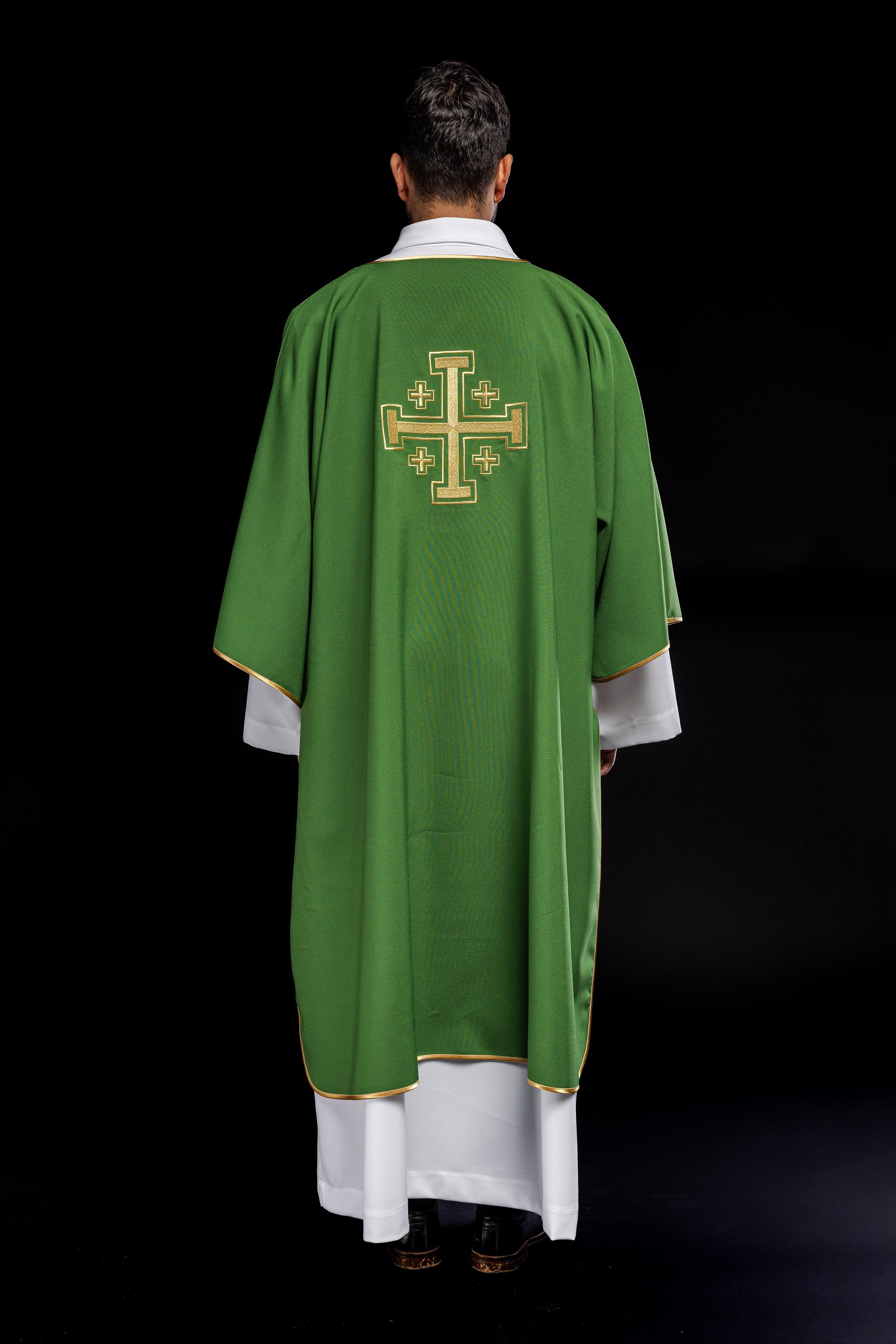 Green Dalmatian with embroidered gold crosses