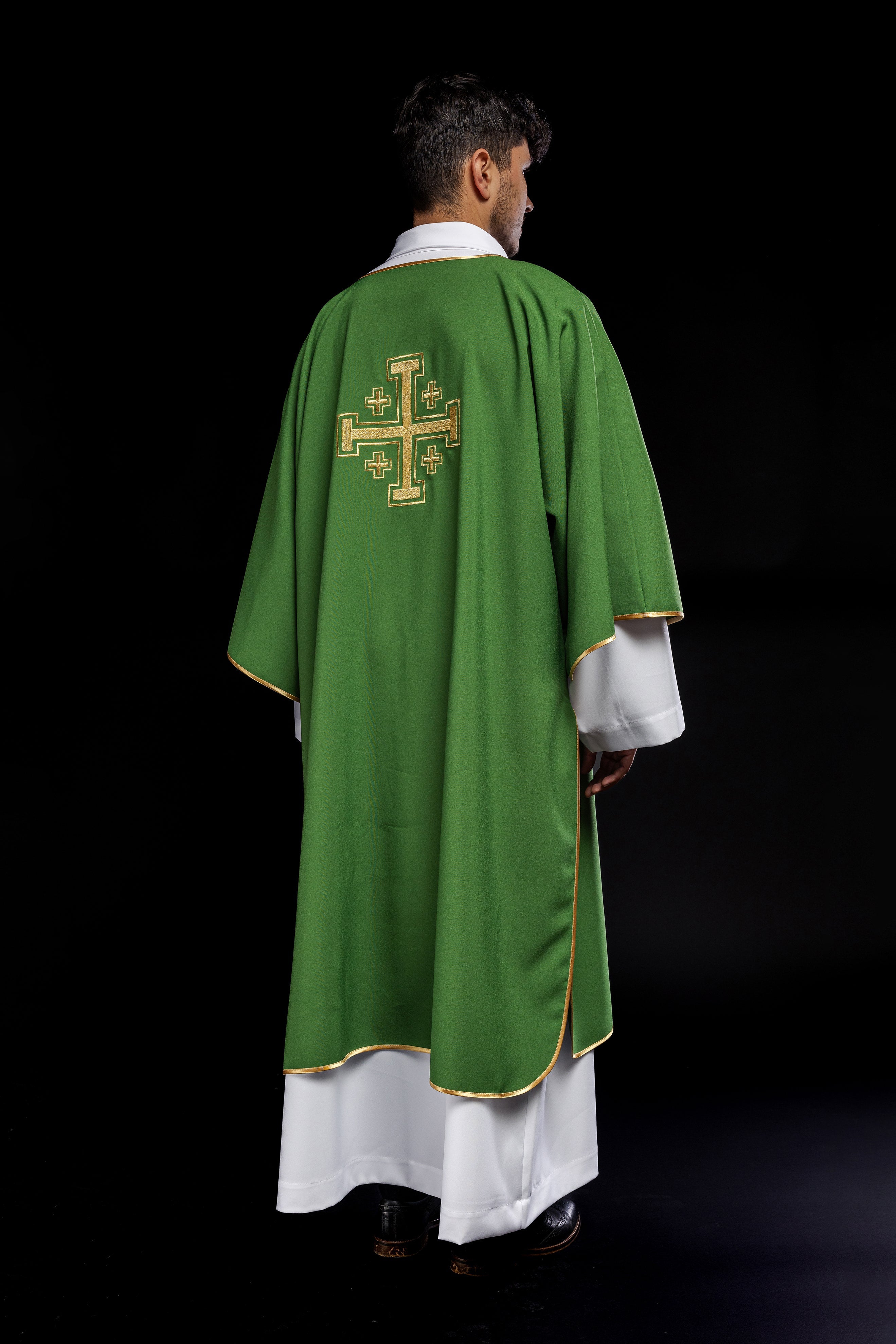 Green Dalmatian with embroidered gold crosses