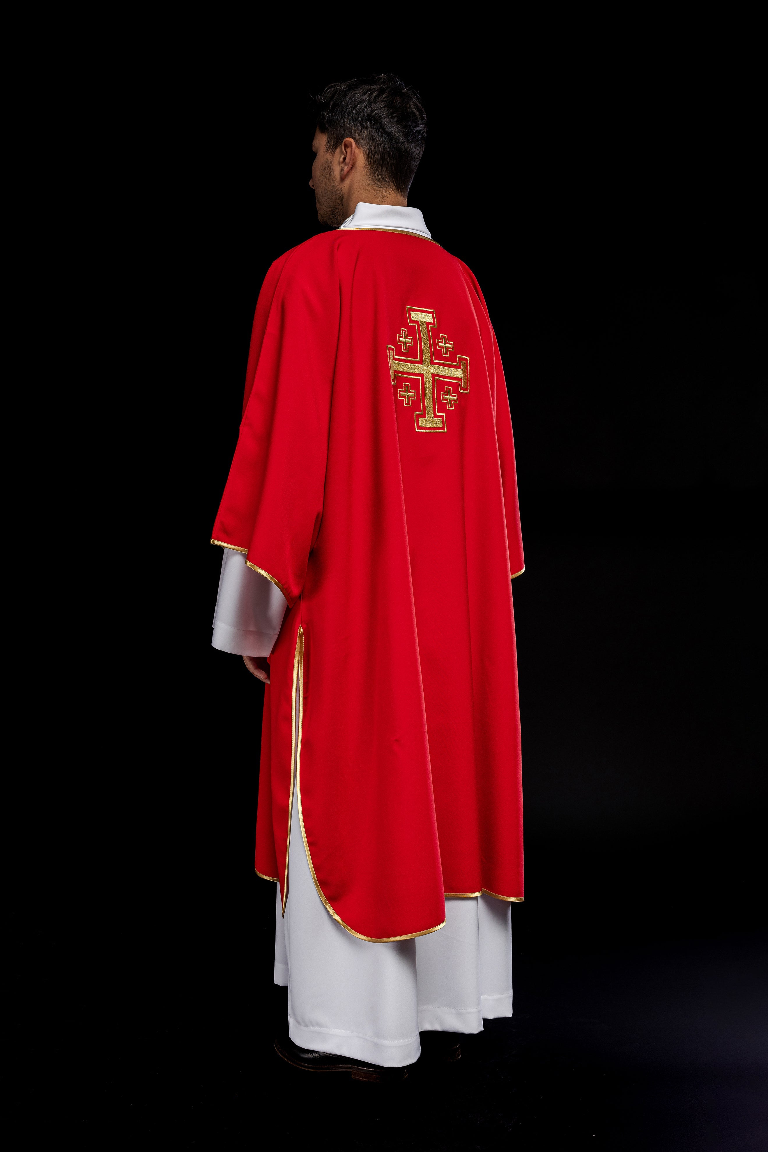 Red Dalmatia with embroidered gold crosses