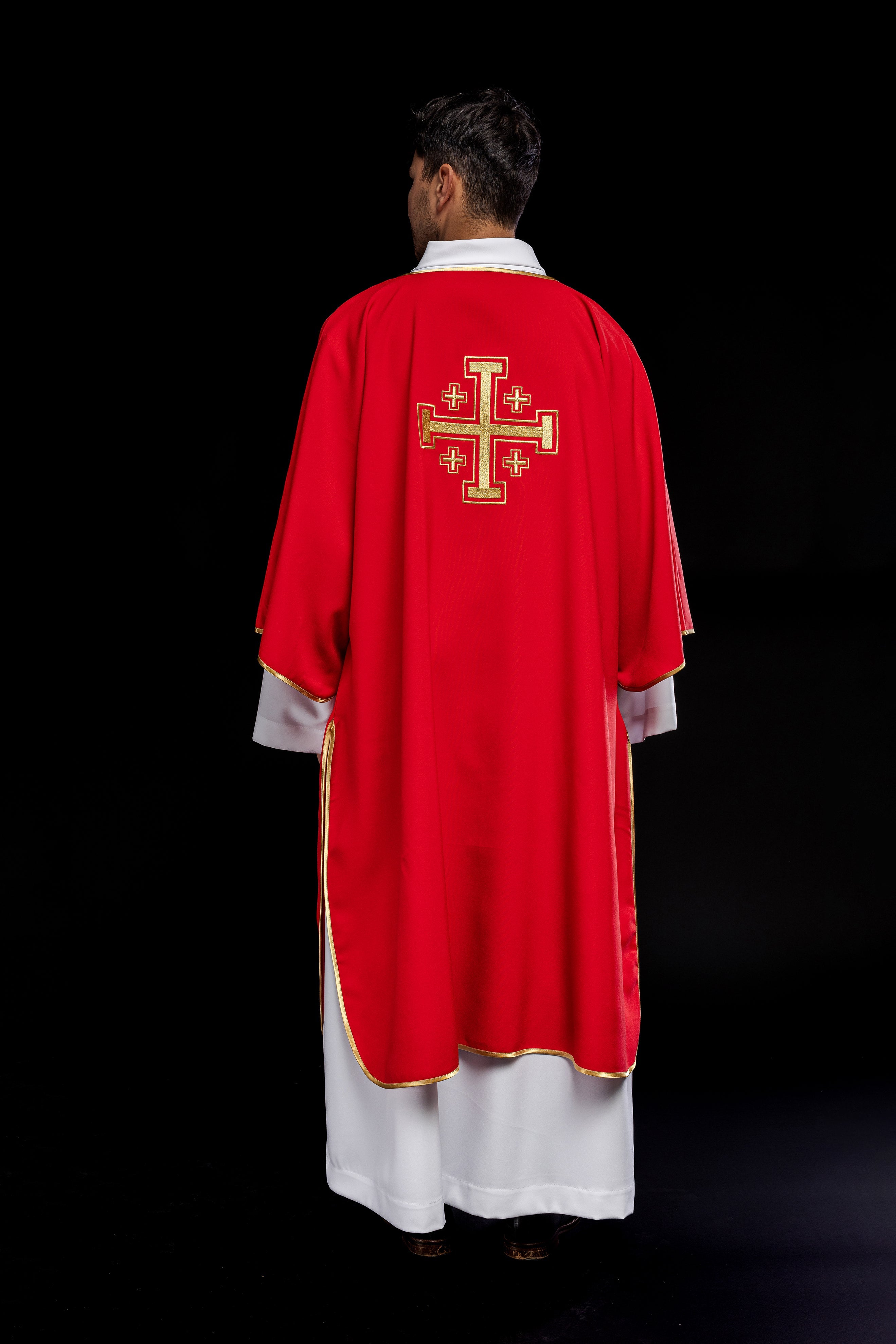 Red Dalmatia with embroidered gold crosses