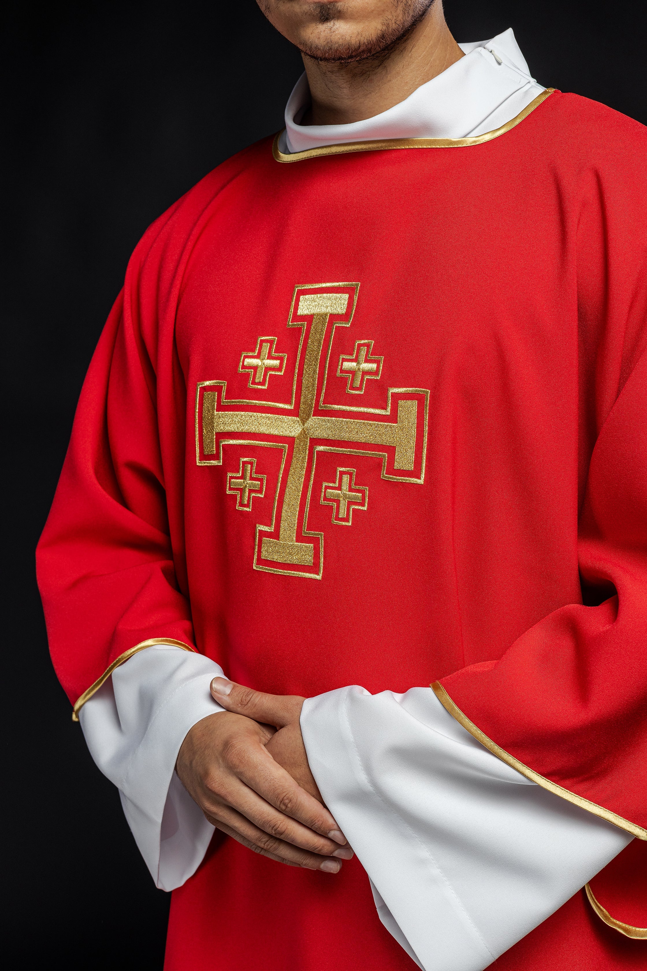 Red Dalmatia with embroidered gold crosses