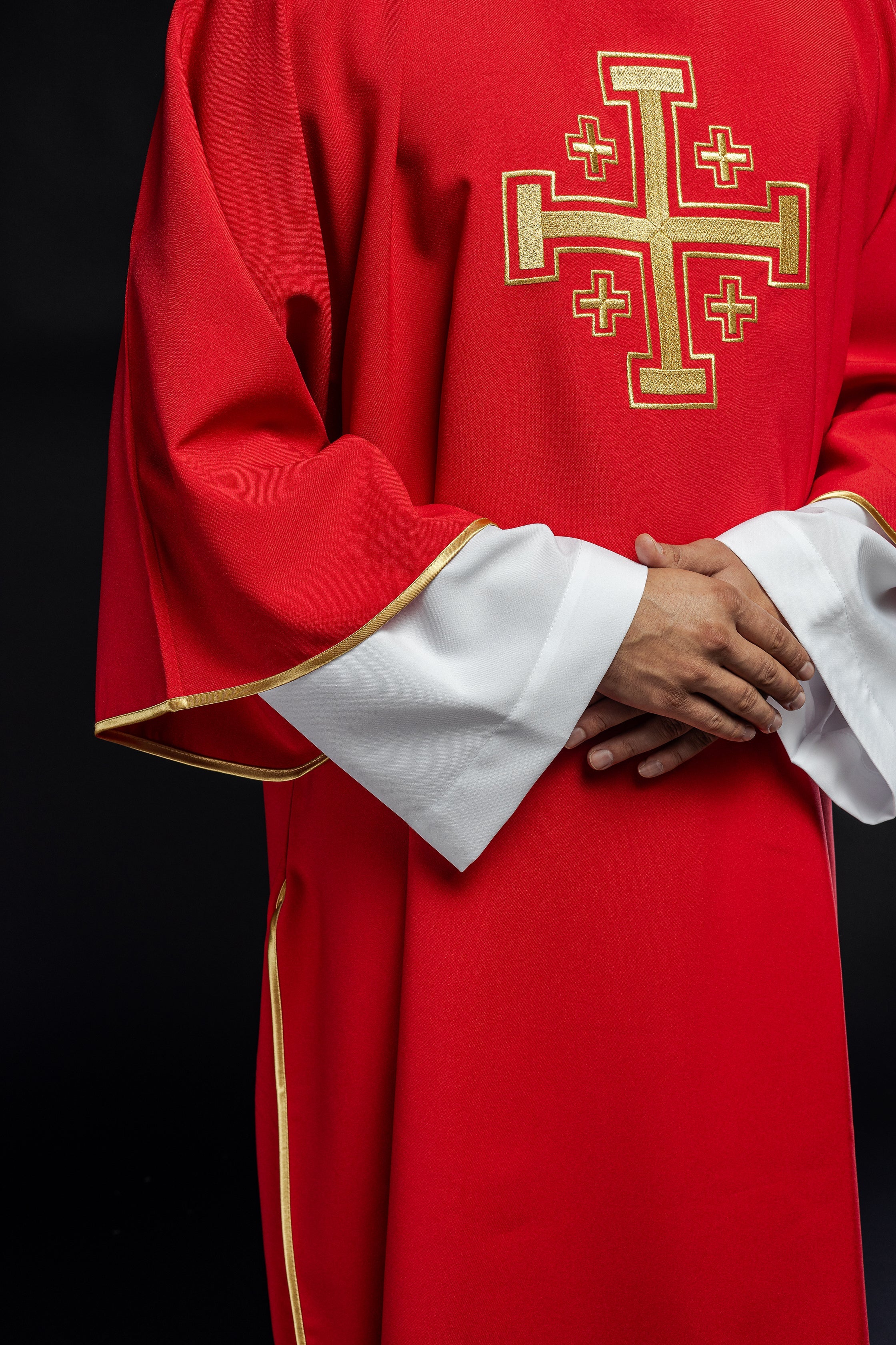 Red Dalmatia with embroidered gold crosses