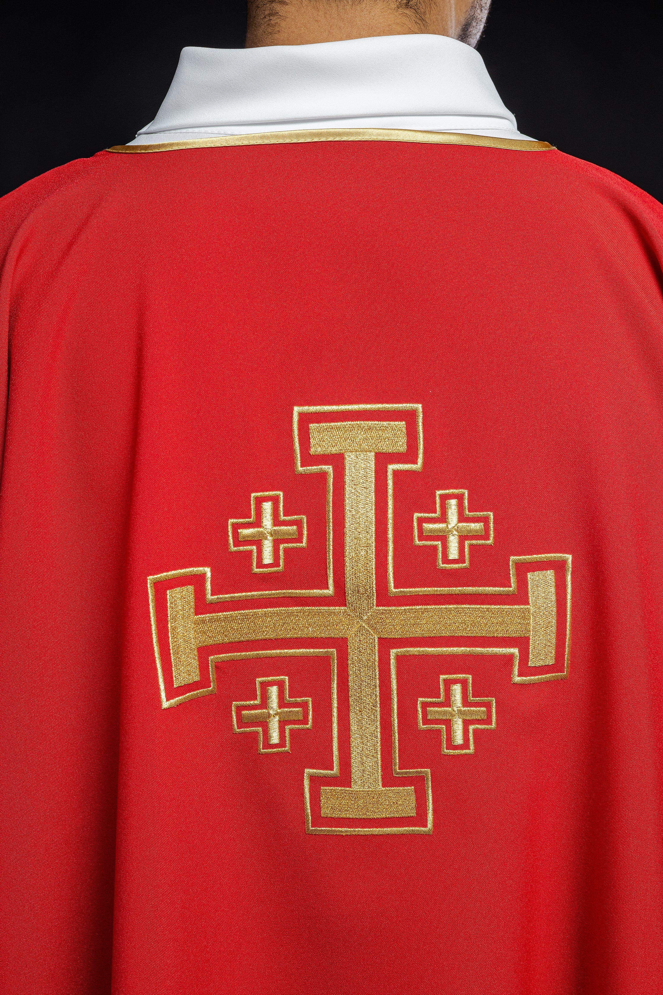 Red Dalmatia with embroidered gold crosses