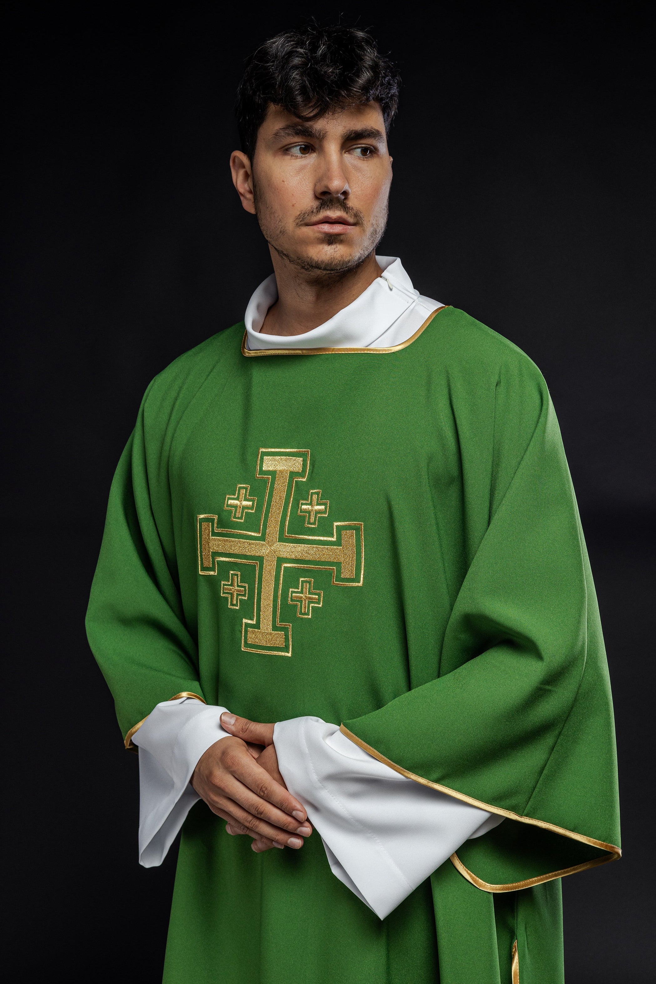 Green Dalmatian with embroidered gold crosses