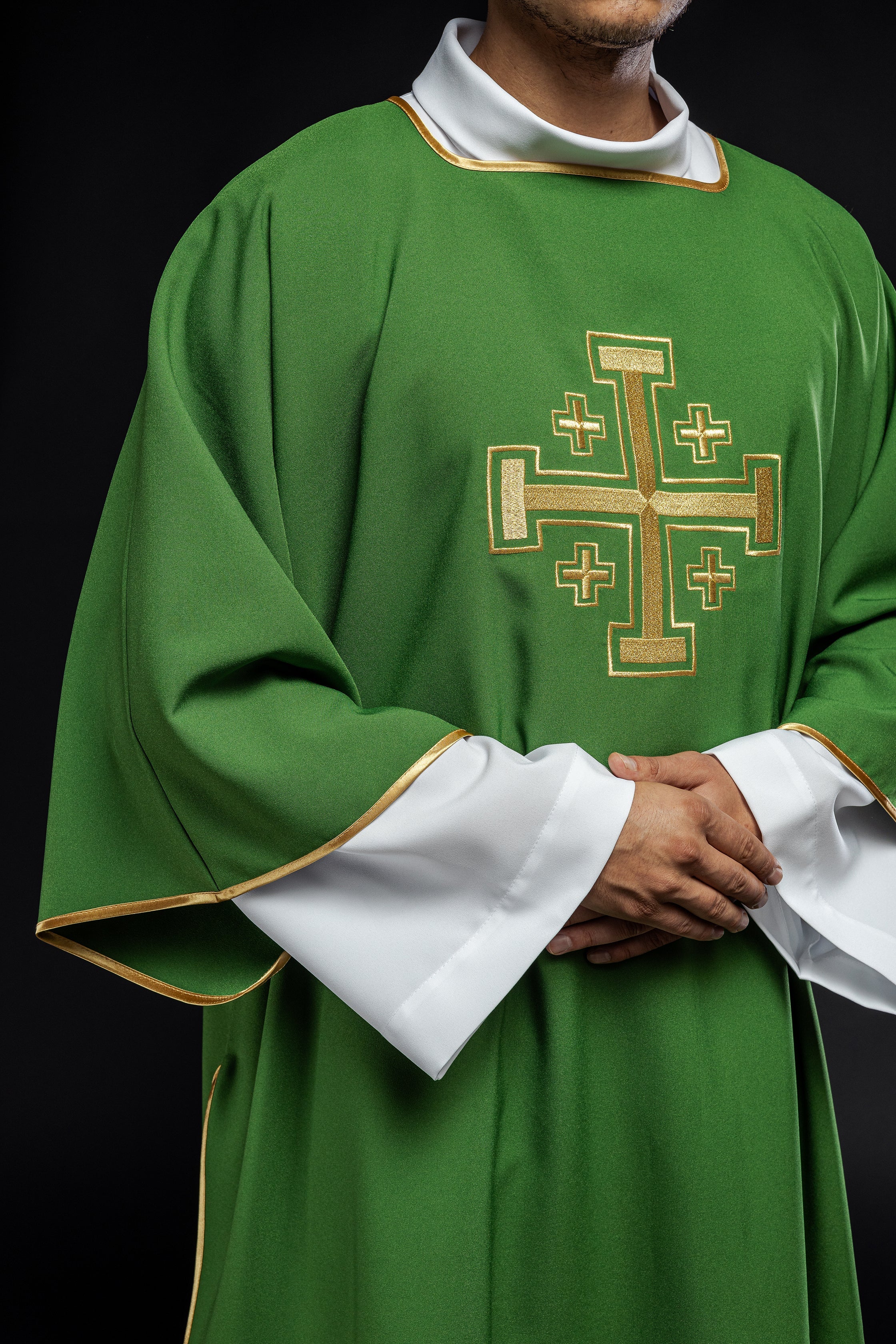 Green Dalmatian with embroidered gold crosses