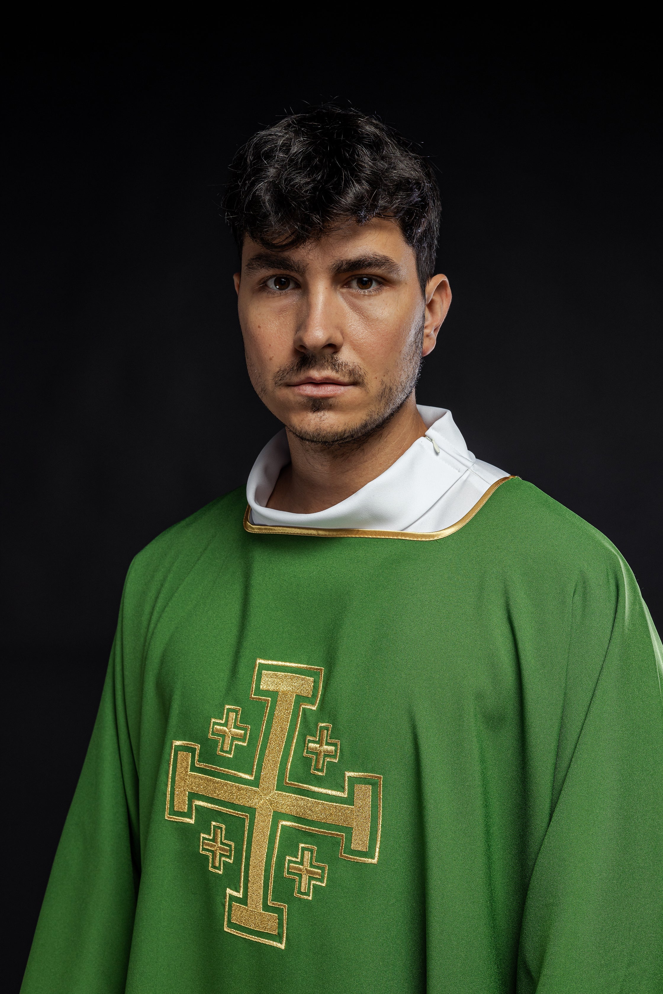 Green Dalmatian with embroidered gold crosses