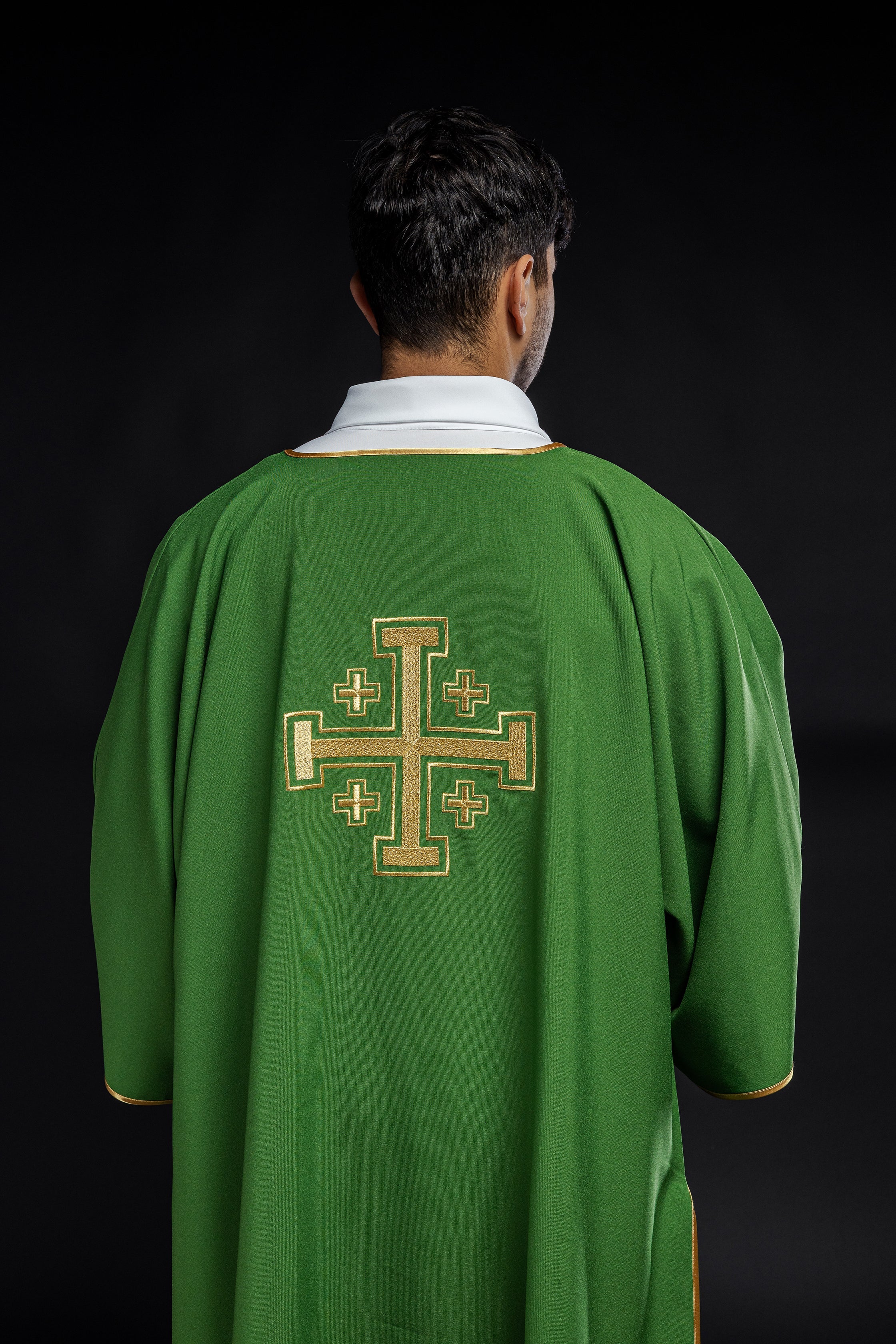 Green Dalmatian with embroidered gold crosses