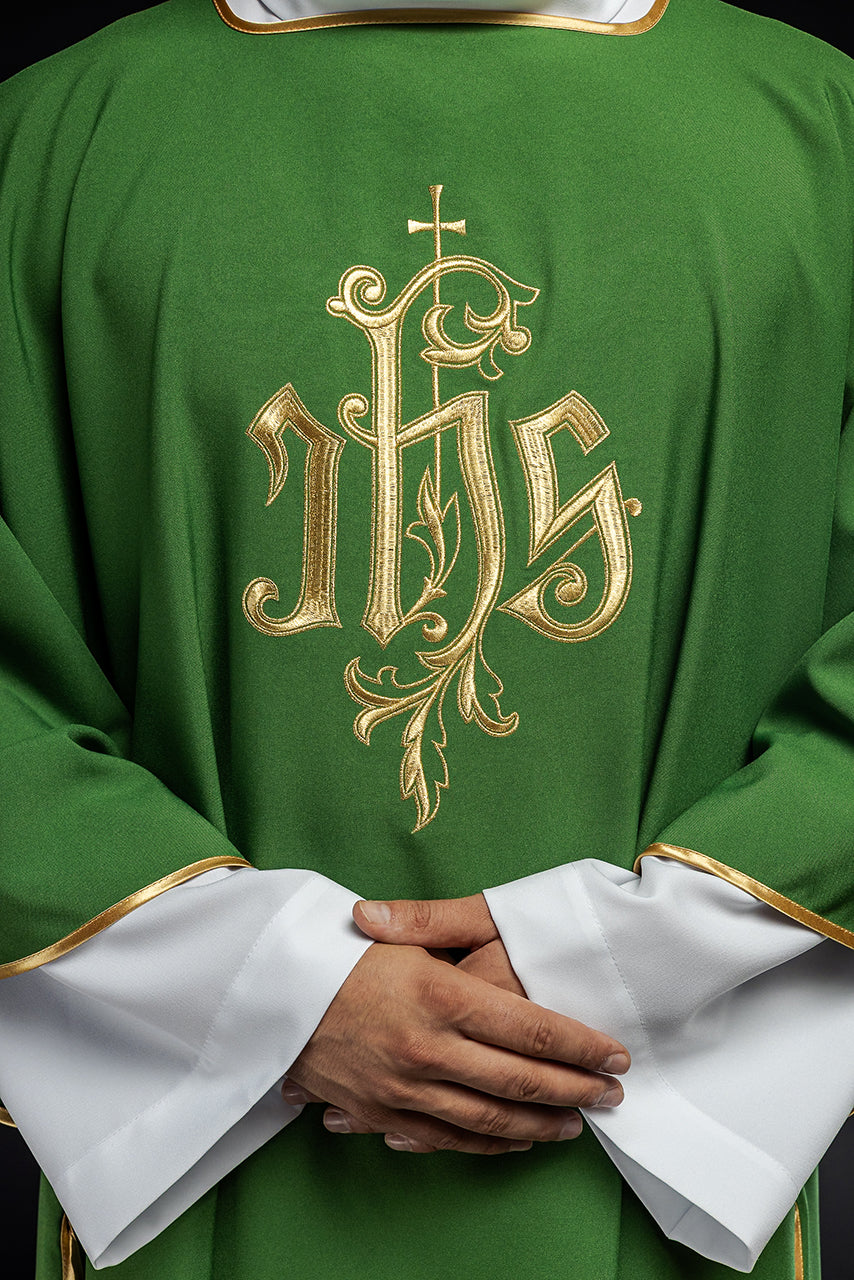 Green IHS embroidered dalmatics