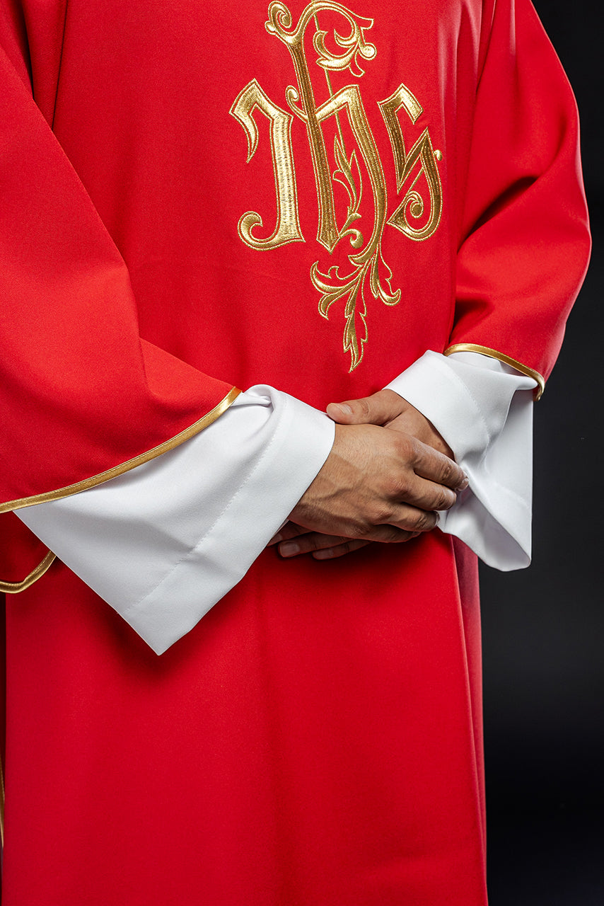 Red dalmatic with embroidered IHS design