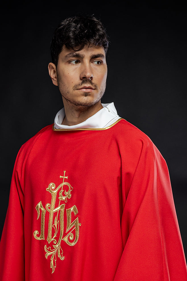 Red dalmatic with embroidered IHS design