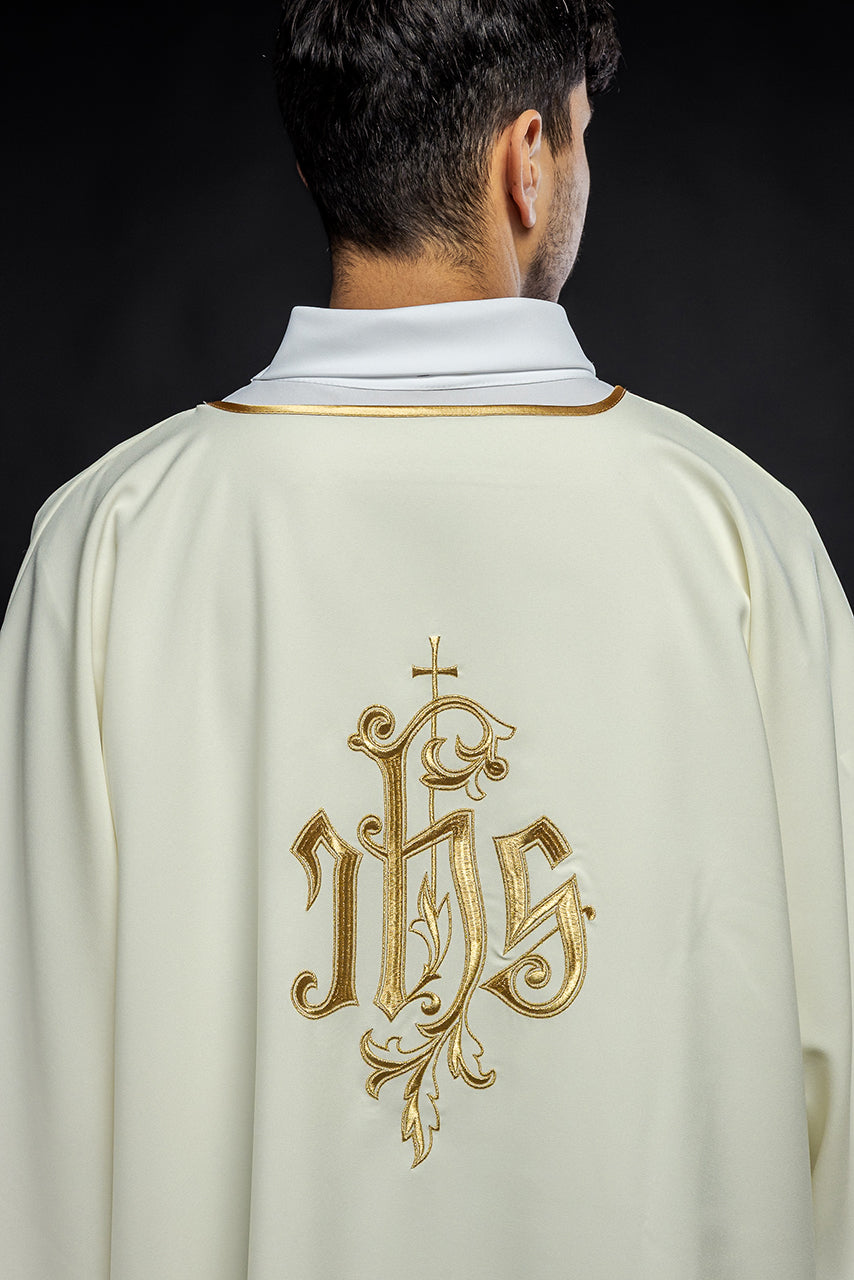 Dalmatics with IHS embroidery in ecru