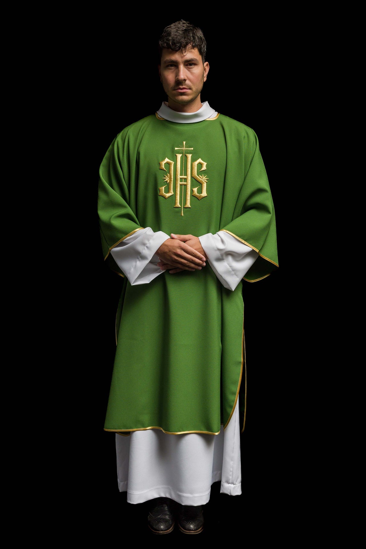 Green Dalmatian with embroidered gold IHS