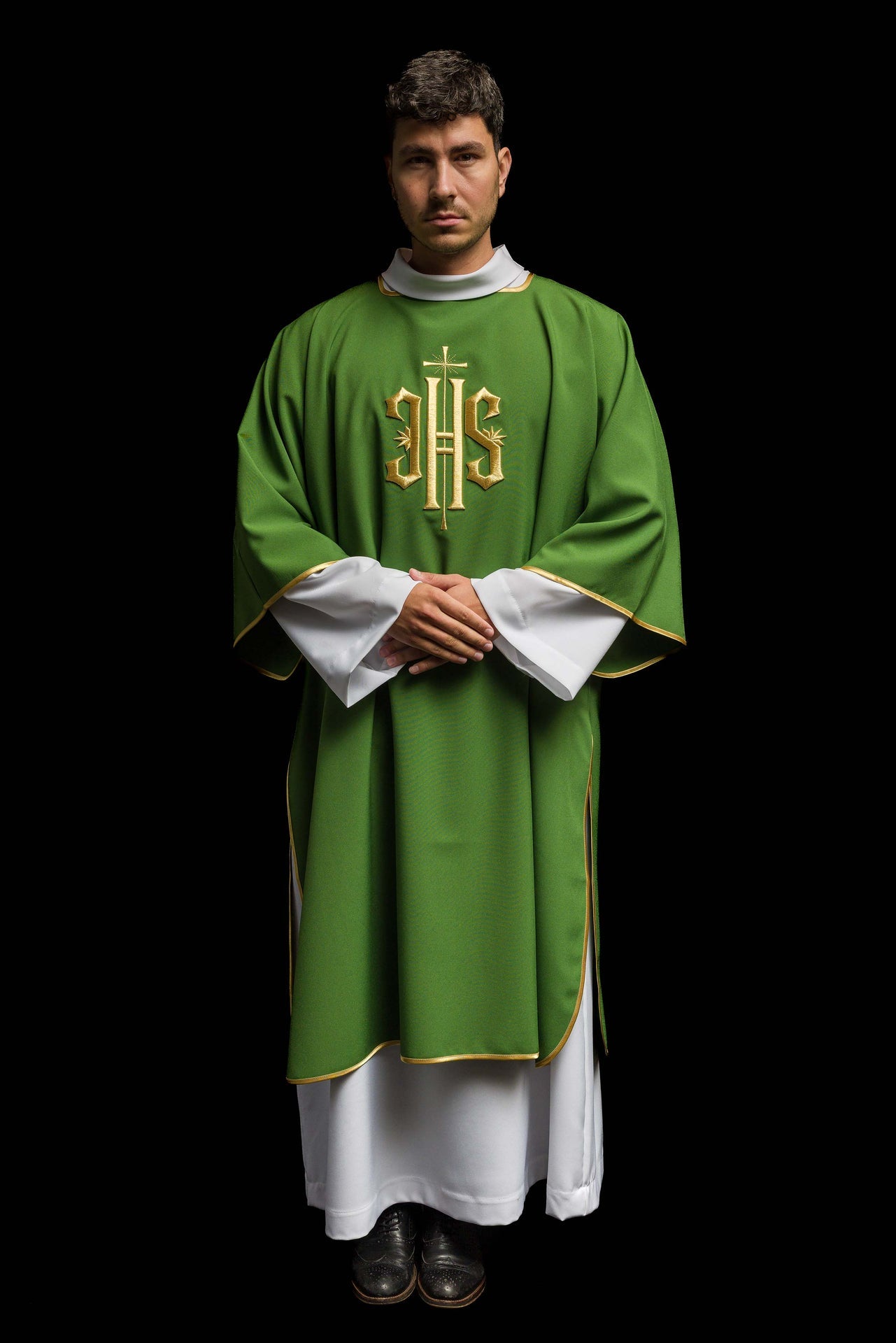 Green Dalmatian with embroidered gold IHS