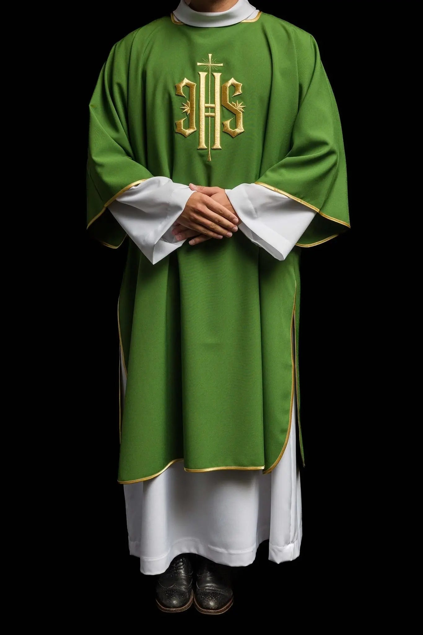 Green Dalmatian with embroidered gold IHS