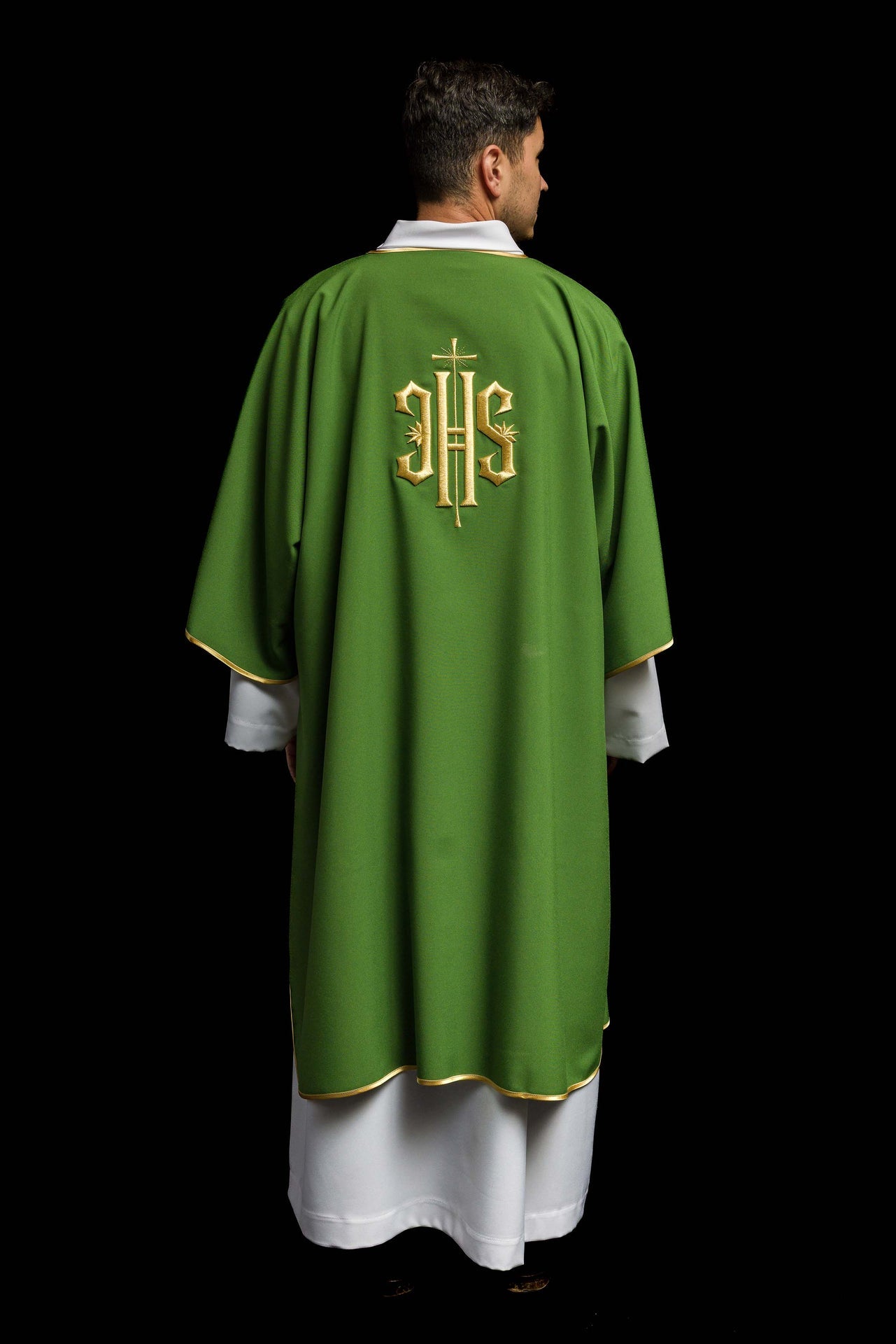 Green Dalmatian with embroidered gold IHS