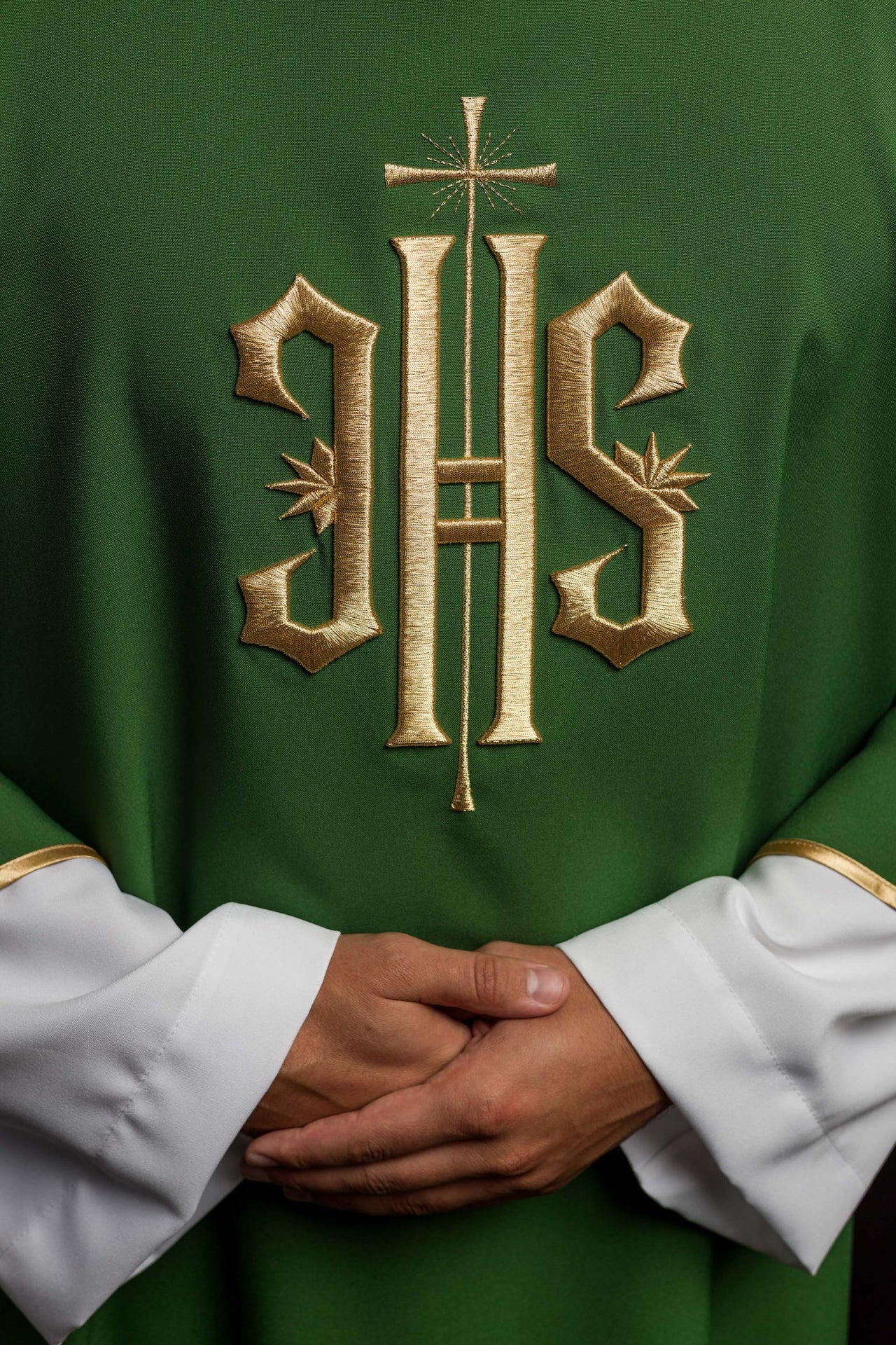 Green Dalmatian with embroidered gold IHS