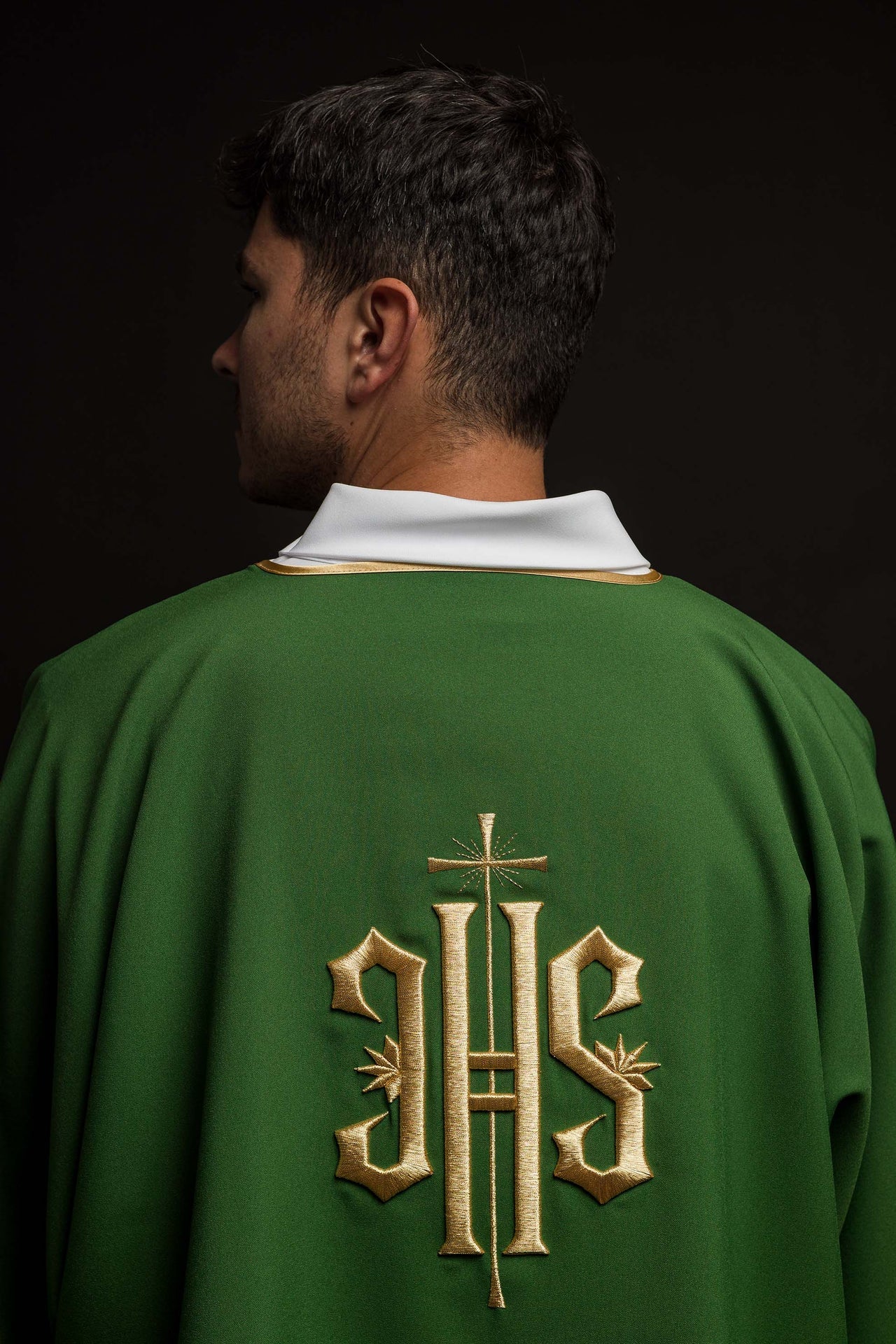 Green Dalmatian with embroidered gold IHS