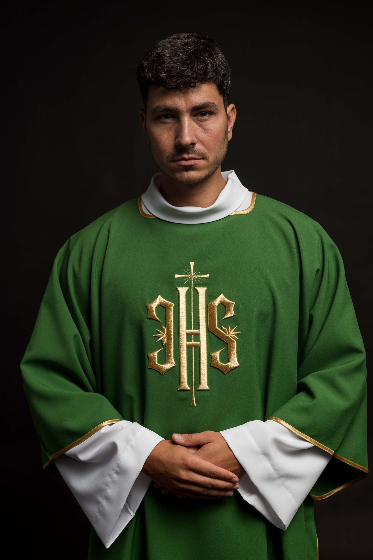 Green Dalmatian with embroidered gold IHS