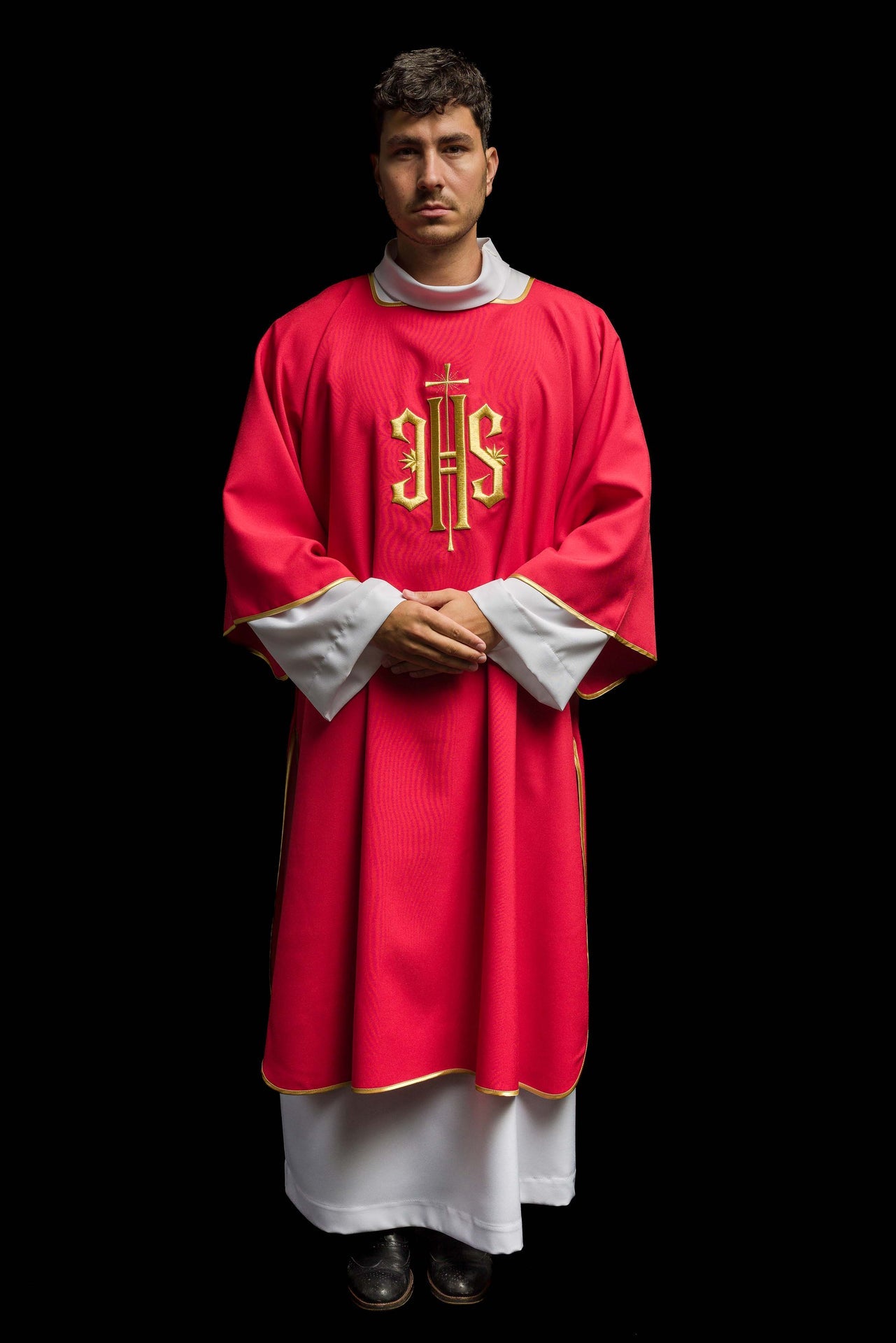Red Dalmatics with embroidered gold IHS