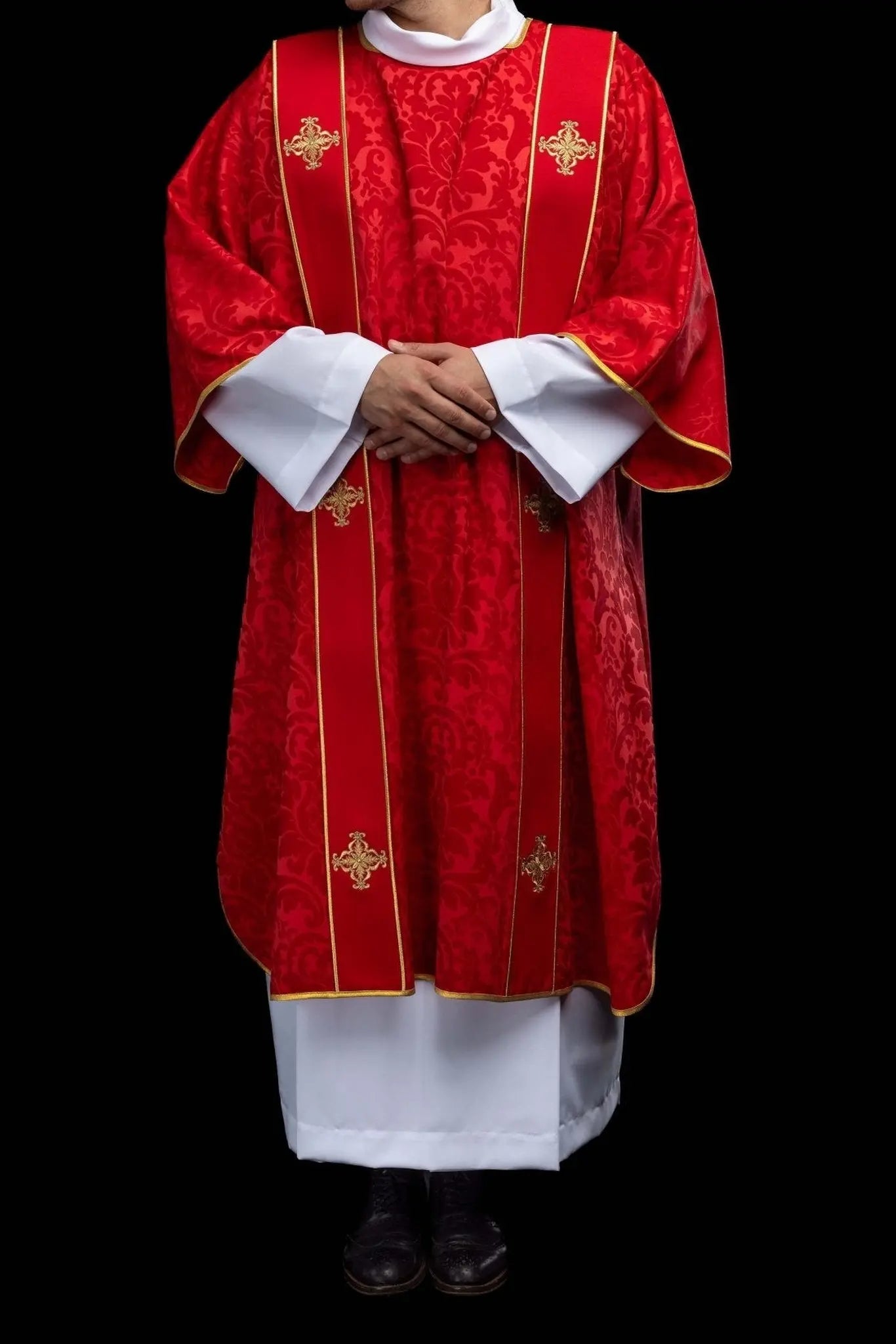 Red Jacquard Dalmatic with Gold Cross Embroidery