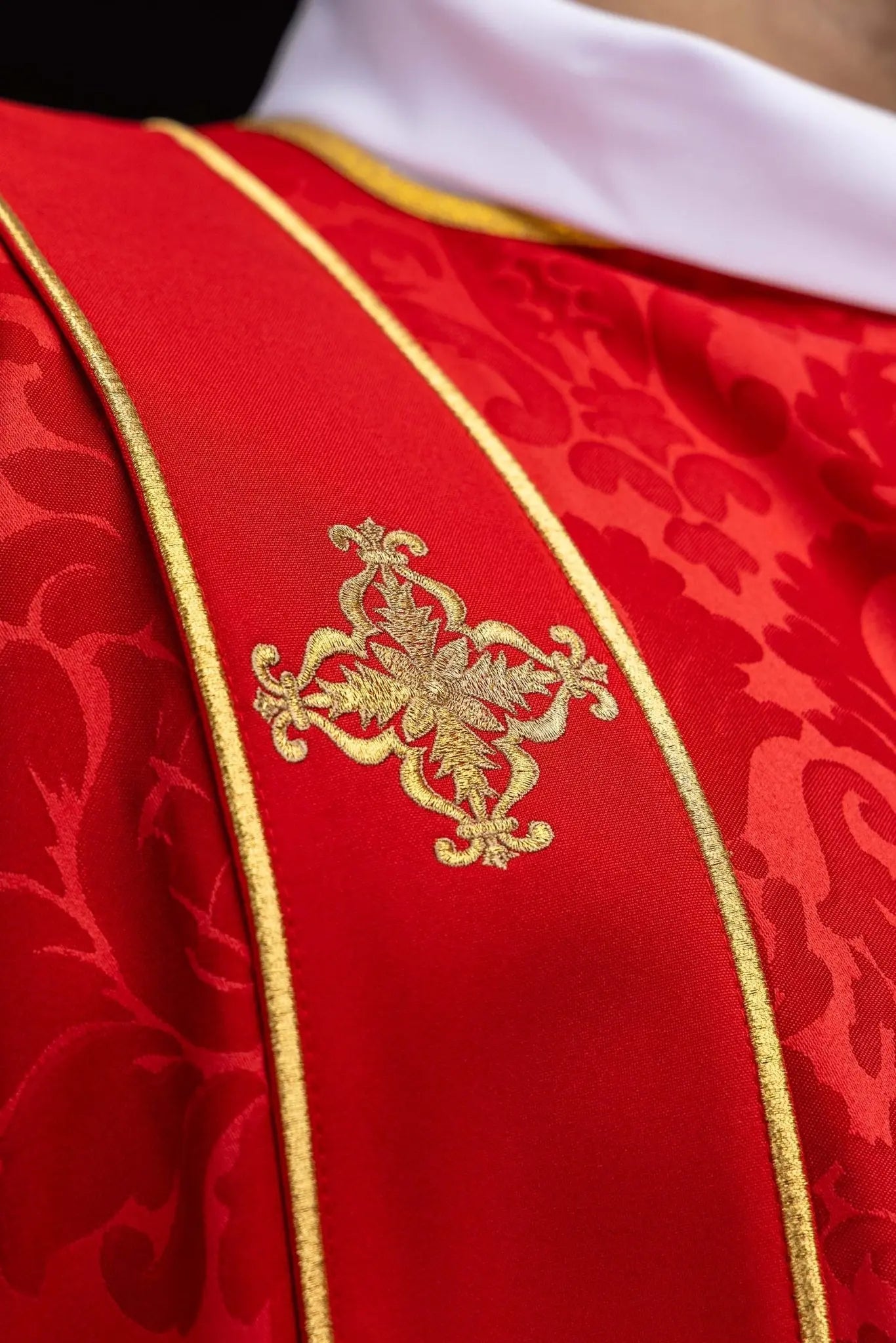 Red Jacquard Dalmatic with Gold Cross Embroidery