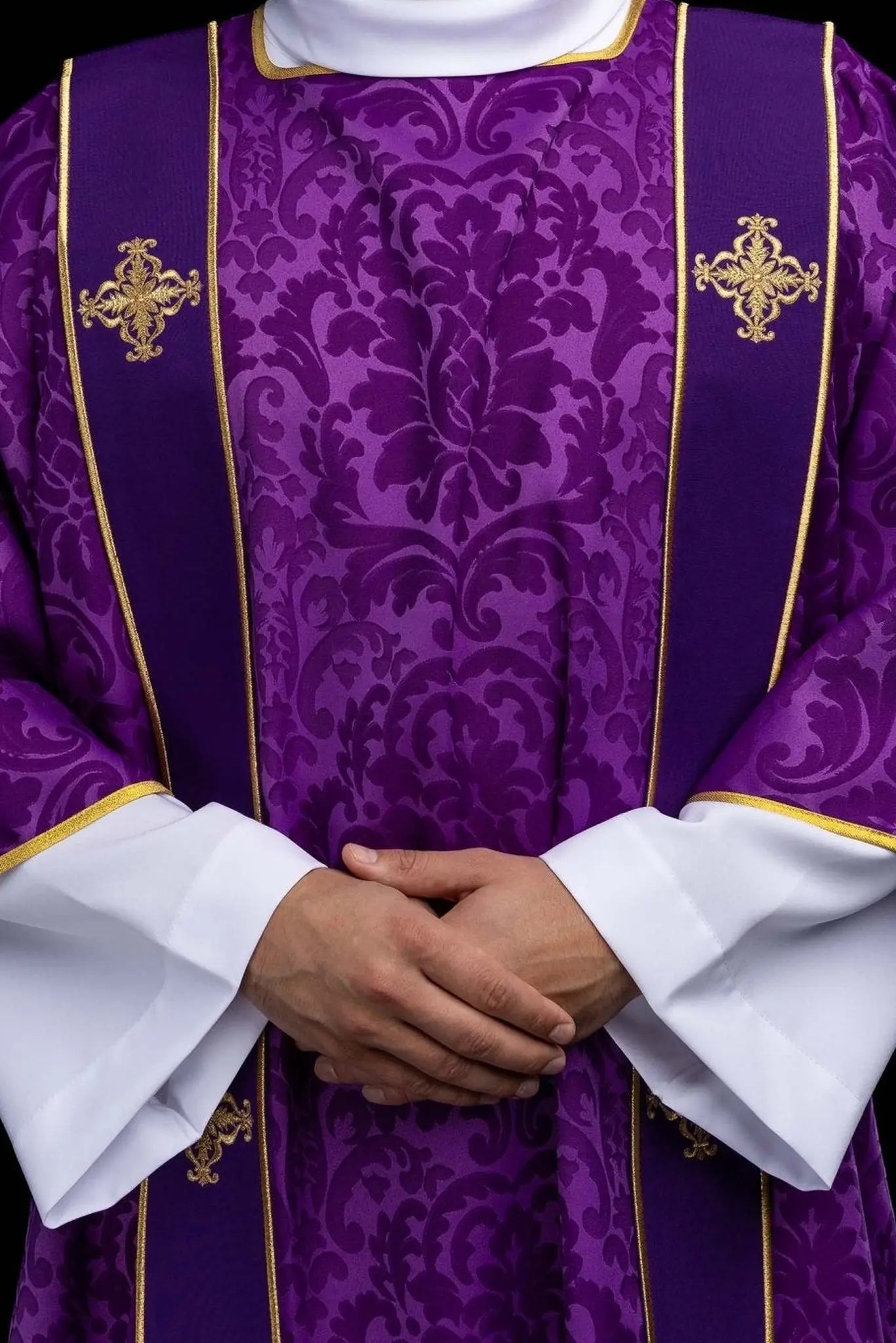 Purple Jacquard Dalmatic with Gold Cross Embroidery
