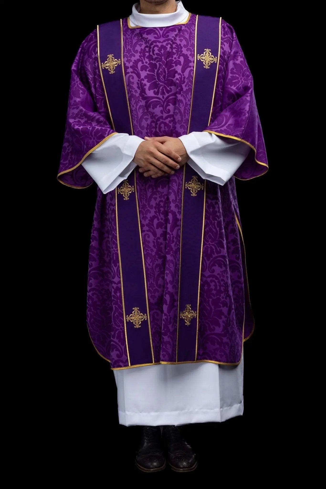 Purple Jacquard Dalmatic with Gold Cross Embroidery