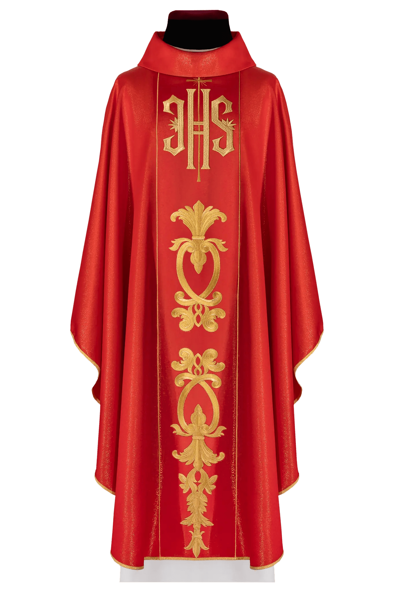 Red chasuble richly decorated with a gold motif and a wide IHS band