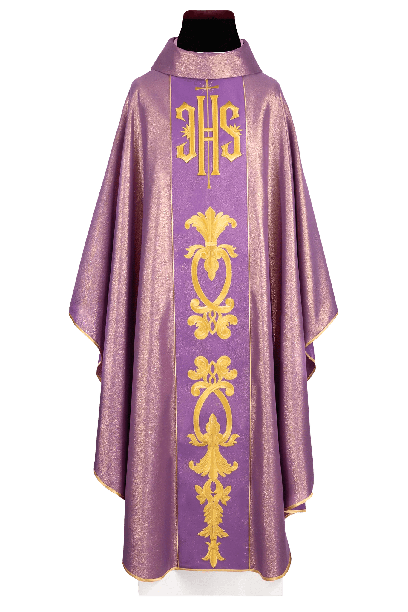 Richly decorated purple chasuble with a gold motif and a wide IHS sash