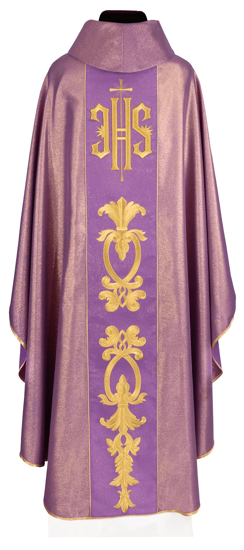 Richly decorated purple chasuble with a gold motif and a wide IHS sash