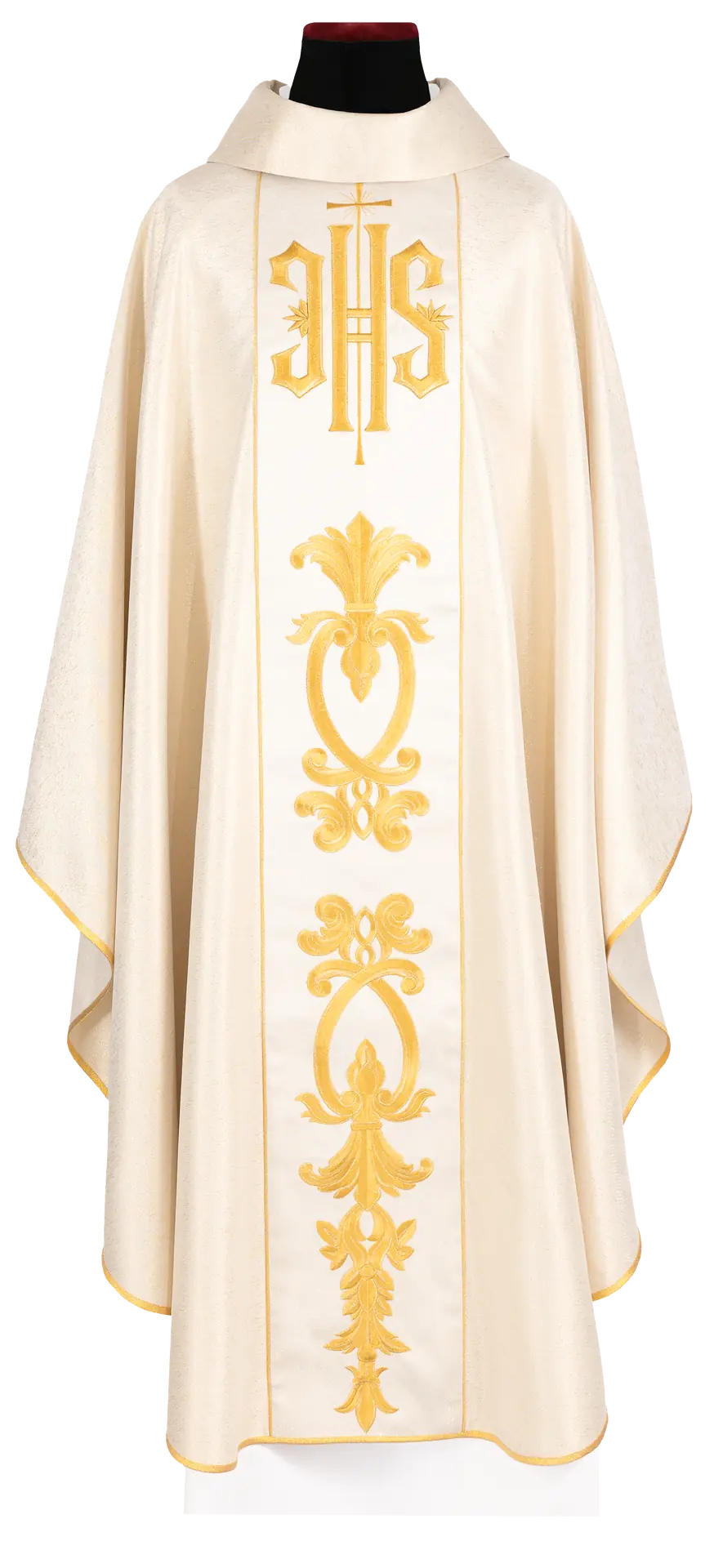 Richly decorated gold chasuble with a gold motif and a wide IHS embroidered band