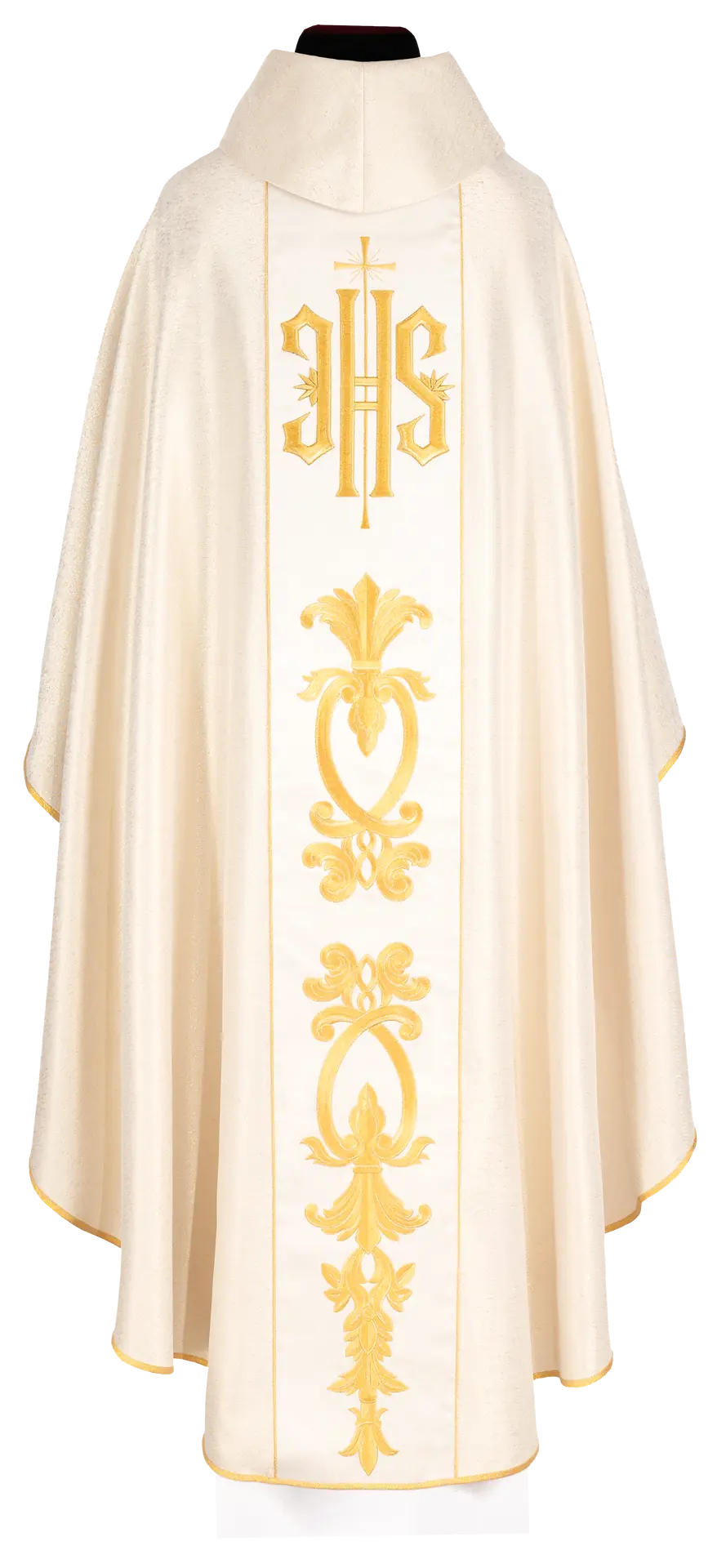 Richly decorated gold chasuble with a gold motif and a wide IHS embroidered band