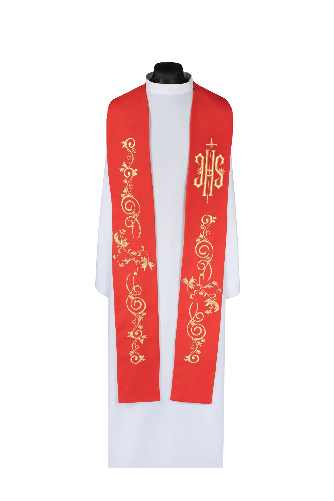 Embroidered priest stole with IHS symbol red