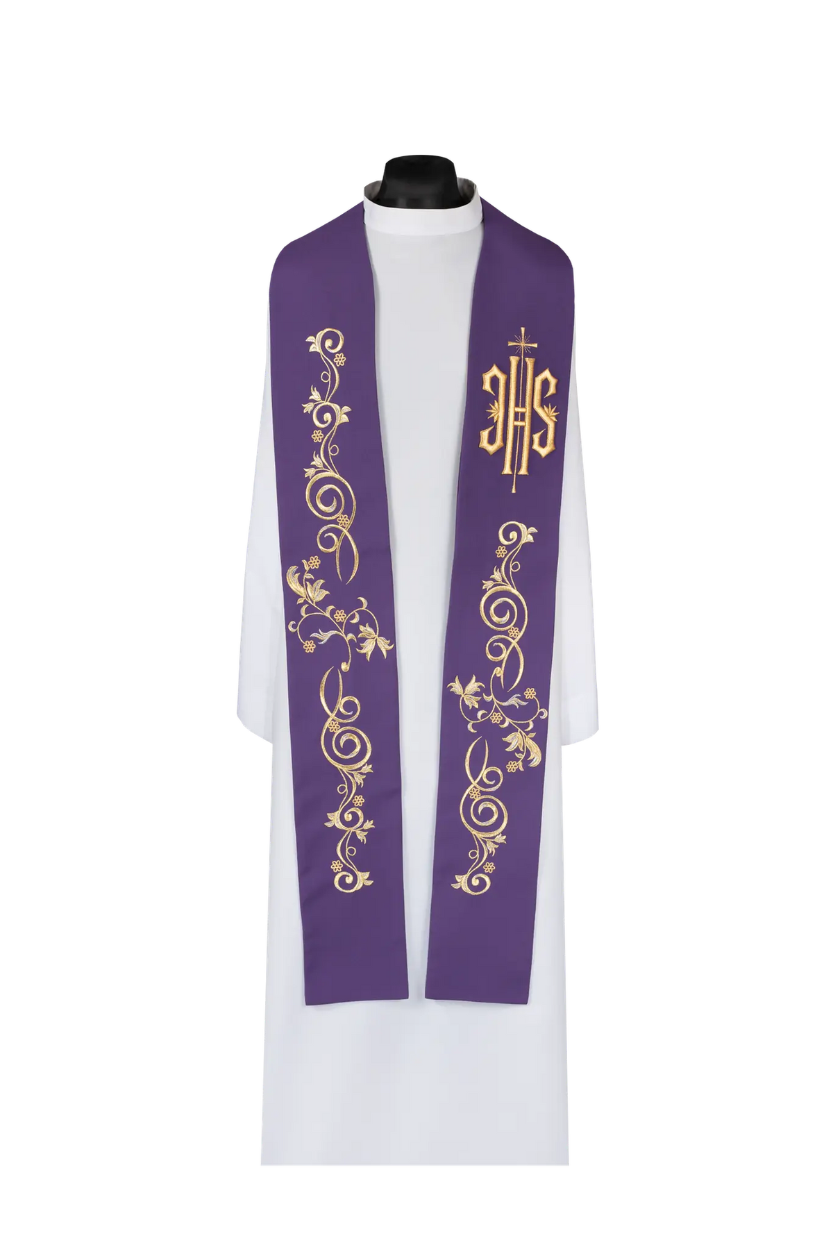 Embroidered priest stole with IHS symbol purple