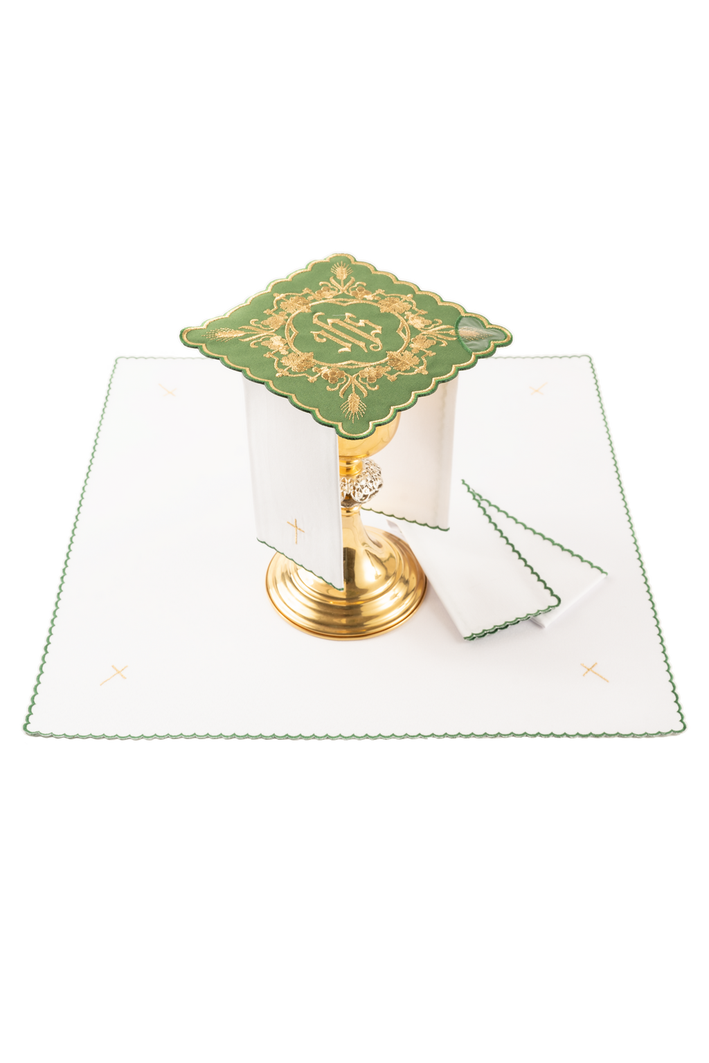 Komplet kielichowy haftowany z motywem IHS zielony - ORNATY.PL