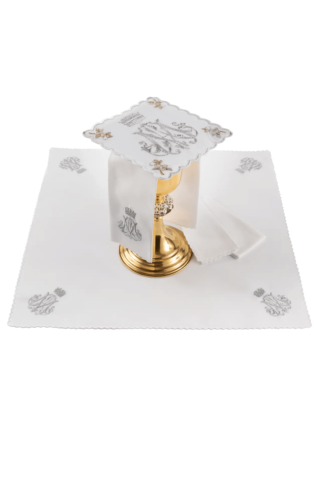 Liturgical chalice linens set with embroidered Marian motif