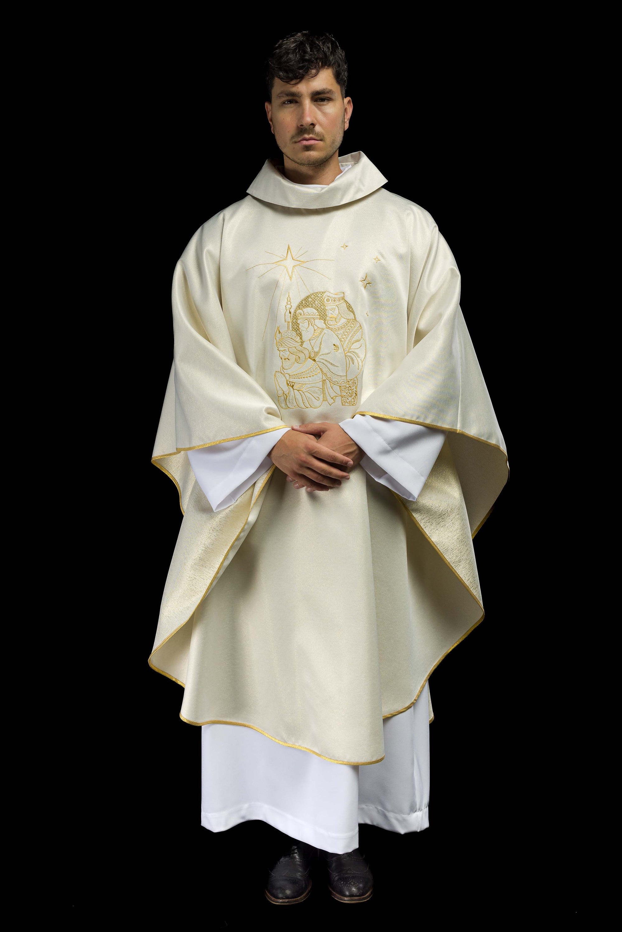 Glittering chasuble with gold embroidery and image of the Three Kings