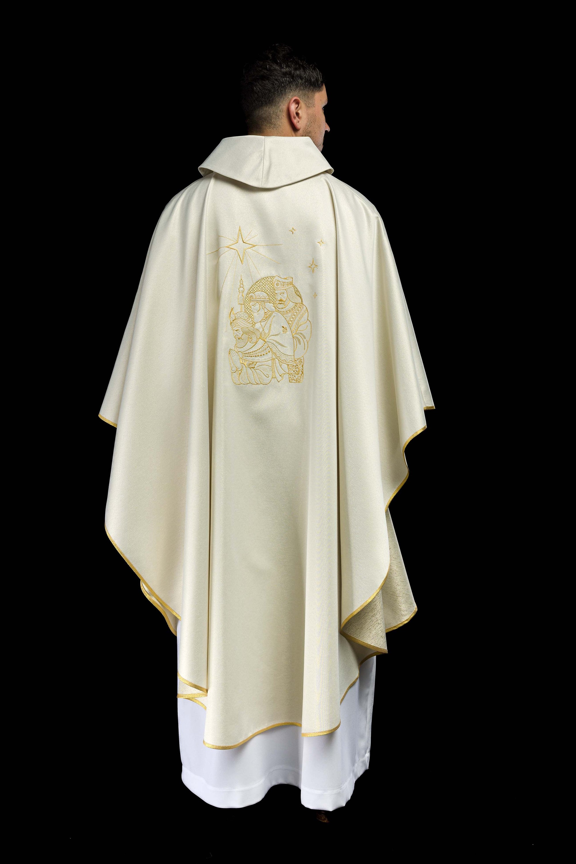 Glittering chasuble with gold embroidery and image of the Three Kings