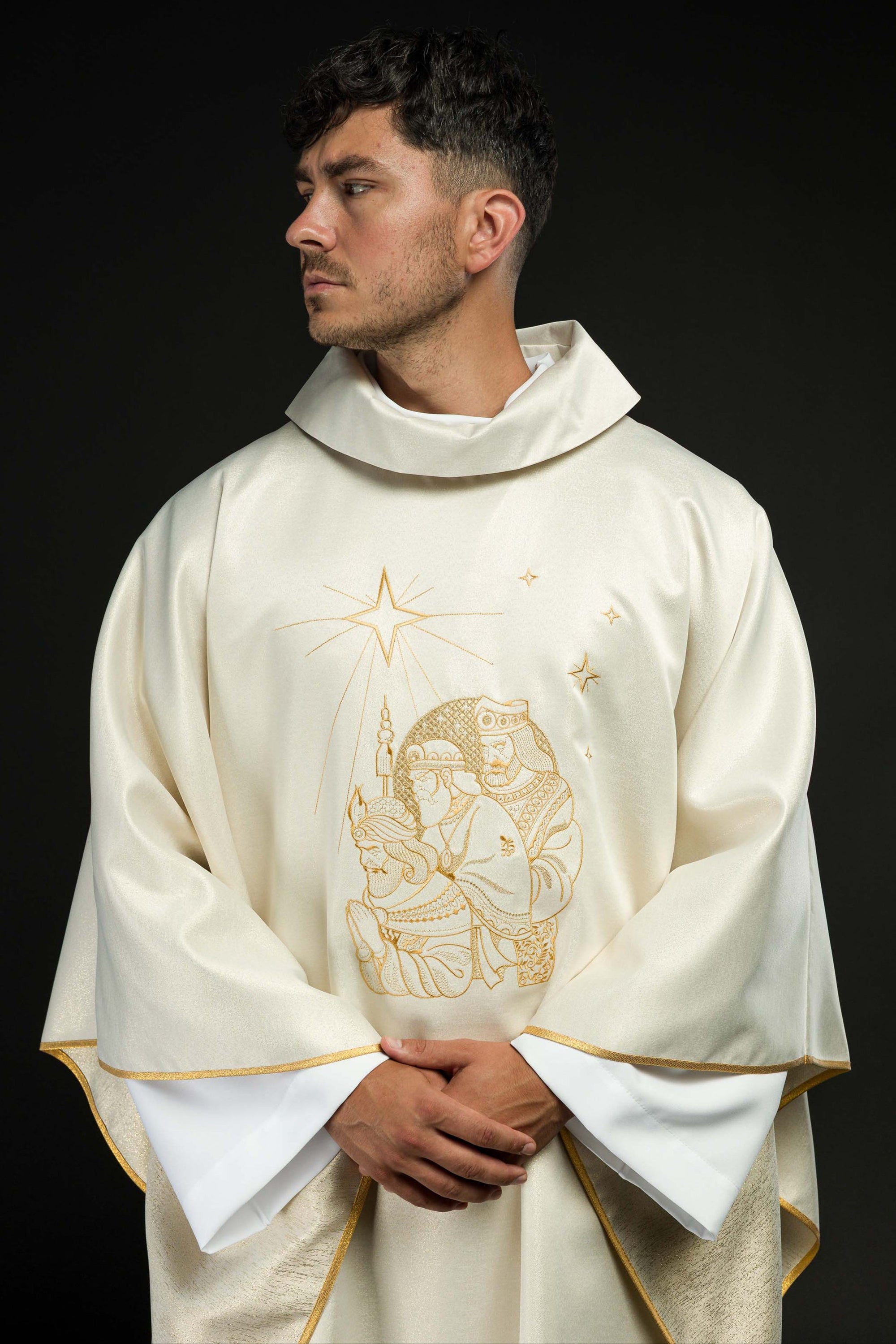 Glittering chasuble with gold embroidery and image of the Three Kings