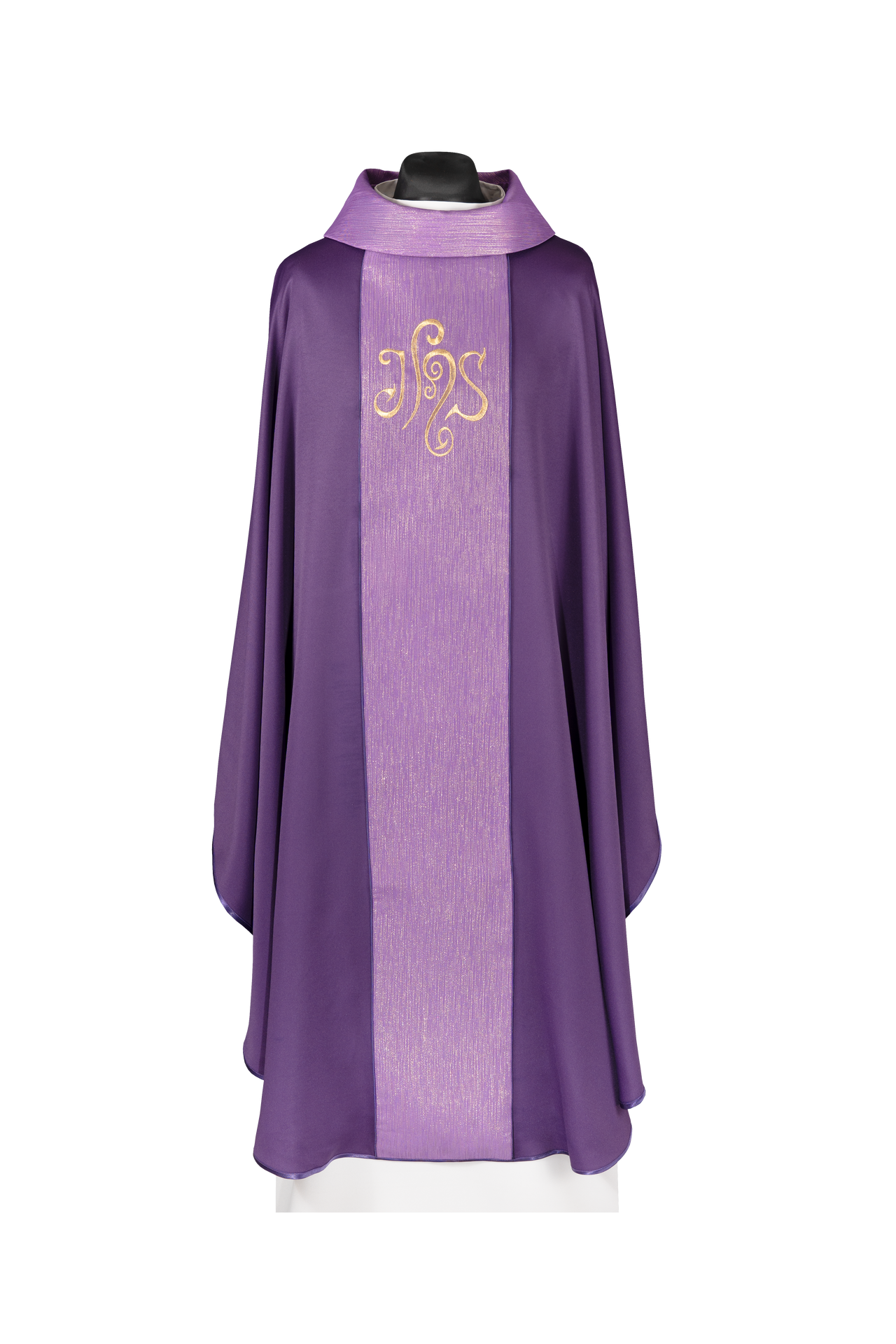 Fioletowy ornat zdobiony pasem i haftem IHS - ORNATY.PL