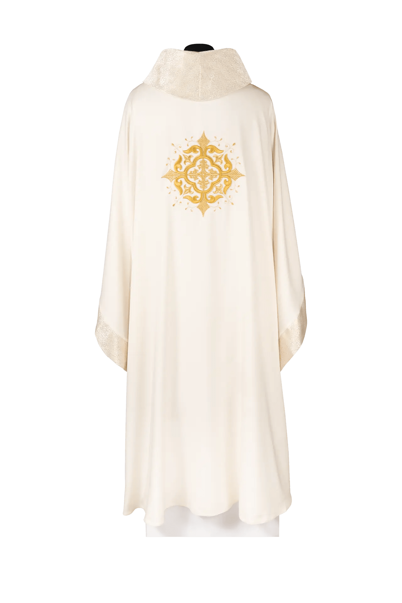 Liturgical chasuble with an embroidered cross motif and elaborate ecru trim