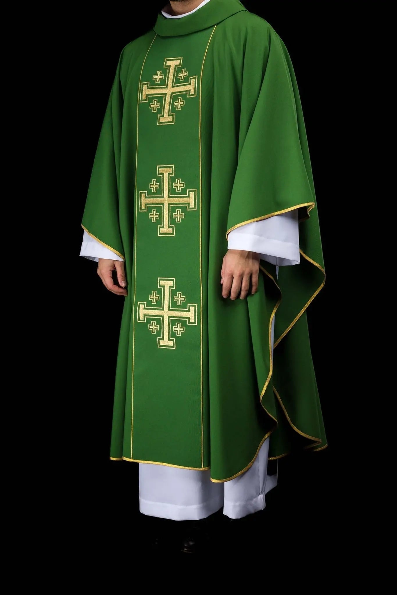 Green embroidered chasuble with band and Jerusalem crosses